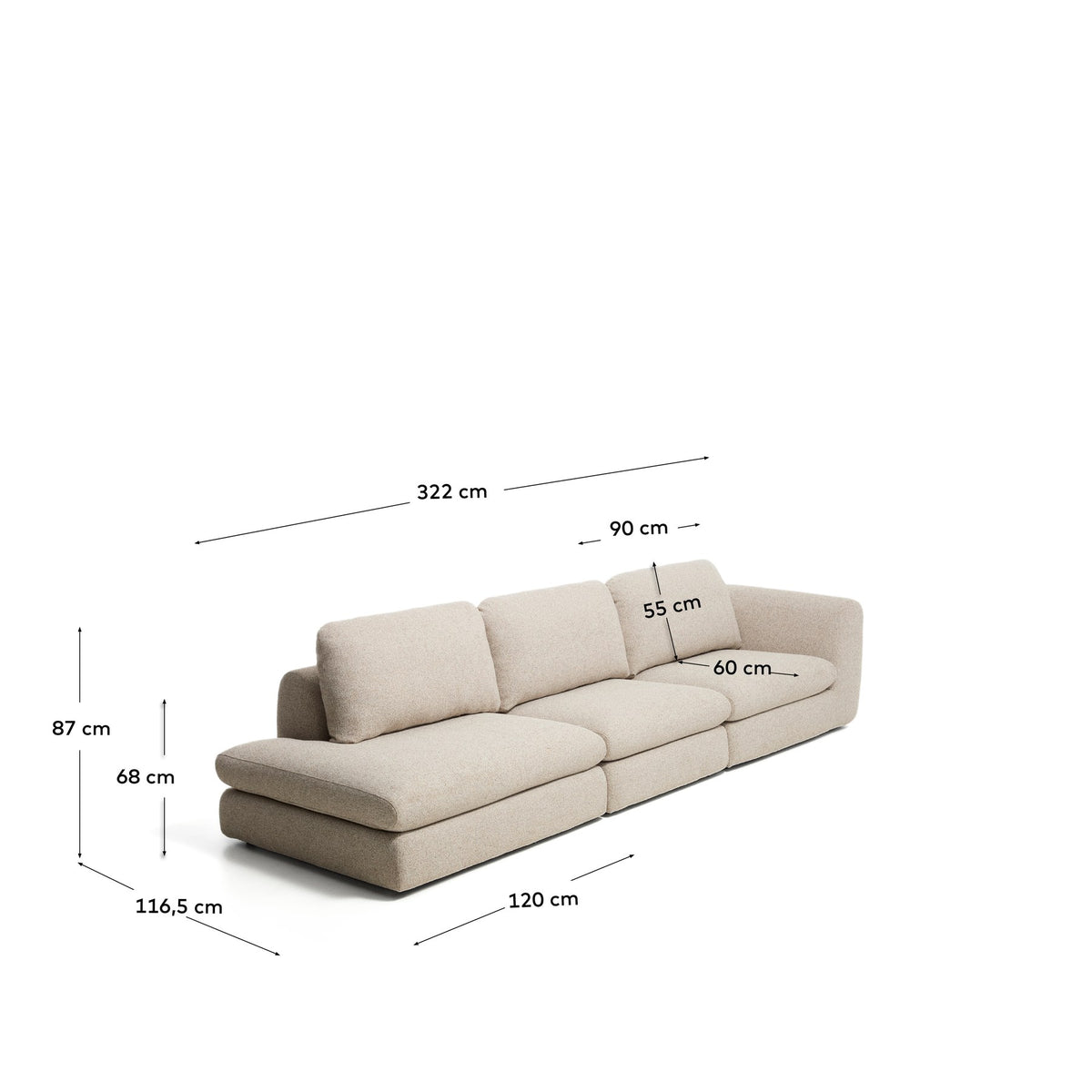 4-Sitzer Sofa Vera in Beige mit Randmodul links, gepolstert mit strukturiertem Gewebe, abgerundeten Armlehnen und schwarzen Kunststoffbeinen.