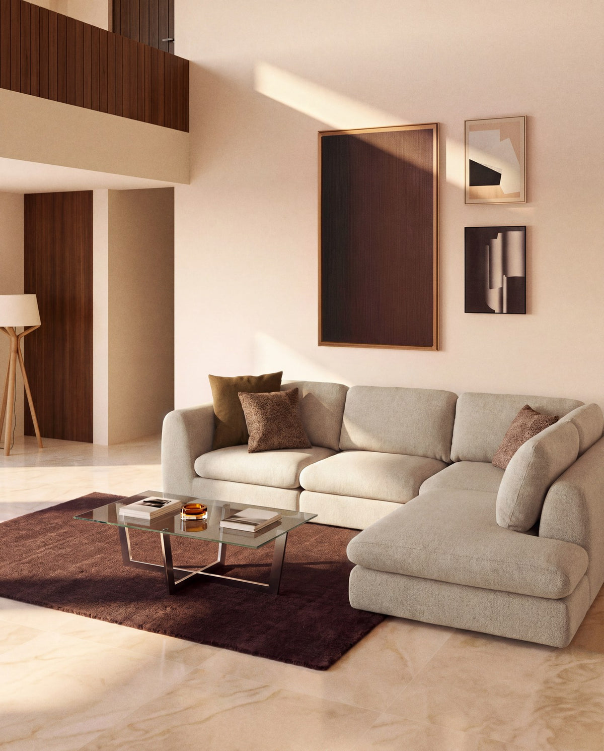 Beiges 5-Sitzer Ecksofa Vera mit Randmodul rechts, Gewebebezug mit grober Struktur, abgerundeten Armlehnen und niedrigem Gestell aus Kiefernholz.