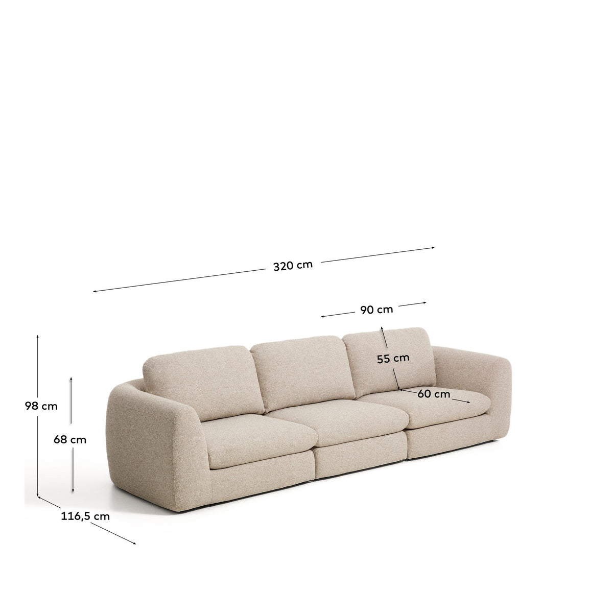 Beiges 4-Sitzer Sofa Vera von Kave Home mit gepolsterten Armlehnen, Kiefernholz-Gestell und schwarzen Kunststoffbeinen, Frontalansicht des Möbelstücks.