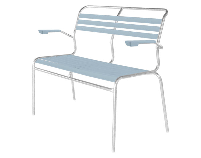 Elegante 2er Gartenbank mit Armlehne aus wetterfestem, langlebigem Metallgestell. Schweizer Qualität, perfekt für Balkon, Terrasse oder Garten.