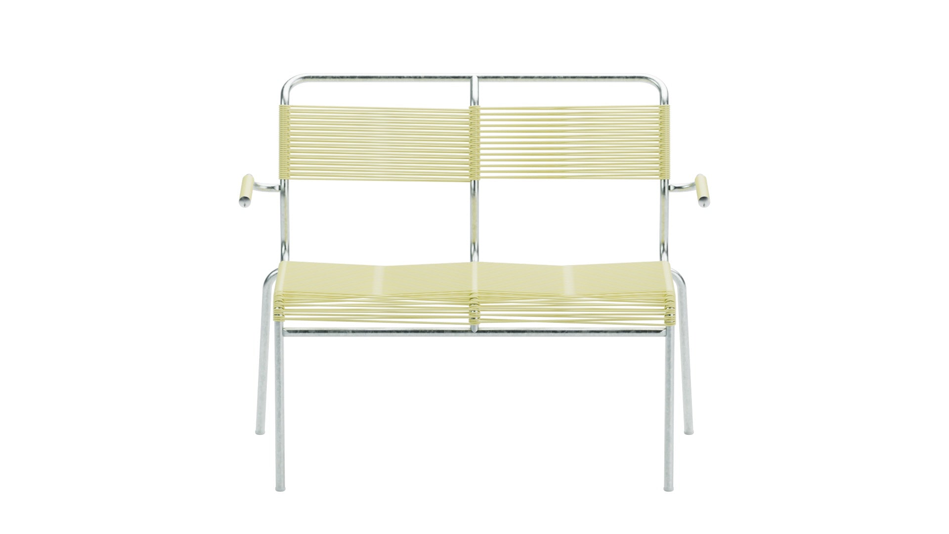 Säntis Spaghetti-2er Gartenbank mit Armlehne in Buchsbaumgelb präsentiert im Onlineshop von KAQTU Design AG. Gartenbank ist von Schaffner