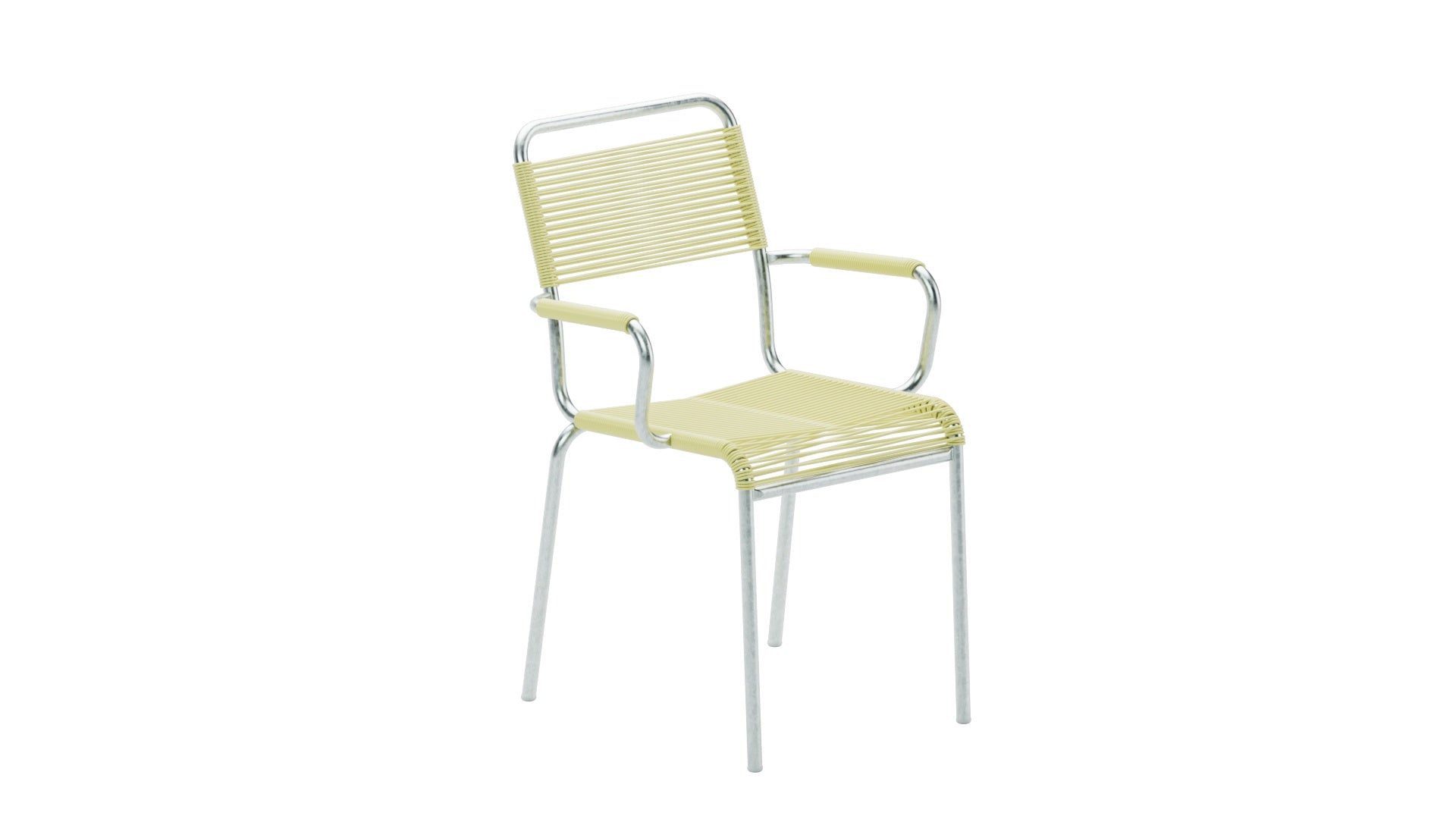 Rigi Spaghetti-Gartenstuhl mit Armlehne in Buchsbaumgelb präsentiert im Onlineshop von KAQTU Design AG. Gartenstuhl mit Armlehnen ist von Schaffner