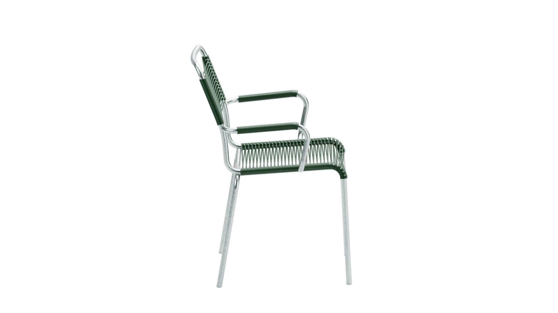 Rigi Spaghetti-Gartenstuhl mit Armlehne in Tannengrün präsentiert im Onlineshop von KAQTU Design AG. Gartenstuhl mit Armlehnen ist von Schaffner