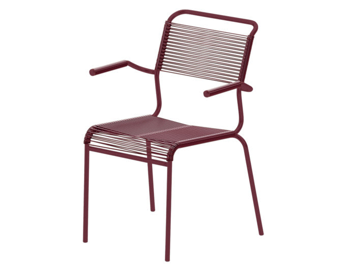 Hochwertiger Säntis Spaghetti-Gartenstuhl mit Armlehne, wetterfest, langlebig und stilvoll. Schweizer Qualität, nachhaltiges Design für Garten, Balkon und Terrasse.