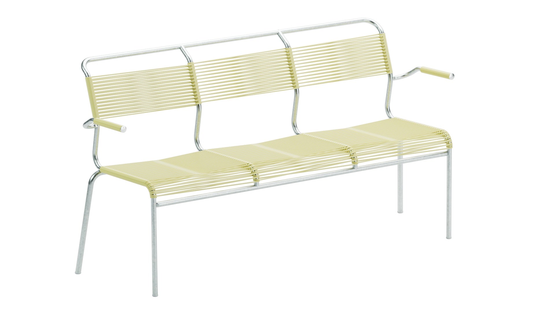 Säntis Spaghetti-3er-Gartenbank mit Armlehne in Buchsbaumgelb präsentiert im Onlineshop von KAQTU Design AG. Gartenbank ist von Schaffner