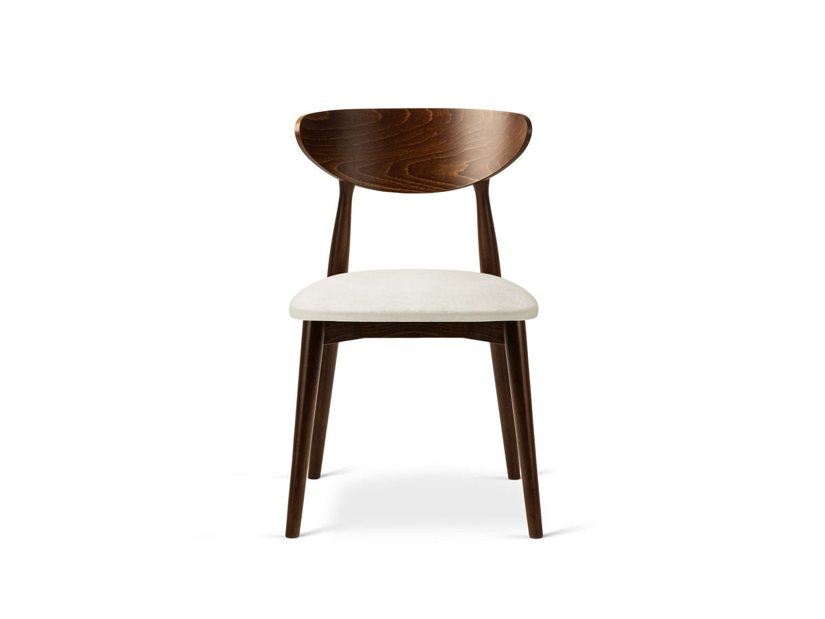 Zwei Leon Stühle mit Samtbezug in Almond Beige, Buchenholz-Beinen und gepolsterter Rückenlehne, Frontalansicht auf hellem Hintergrund.