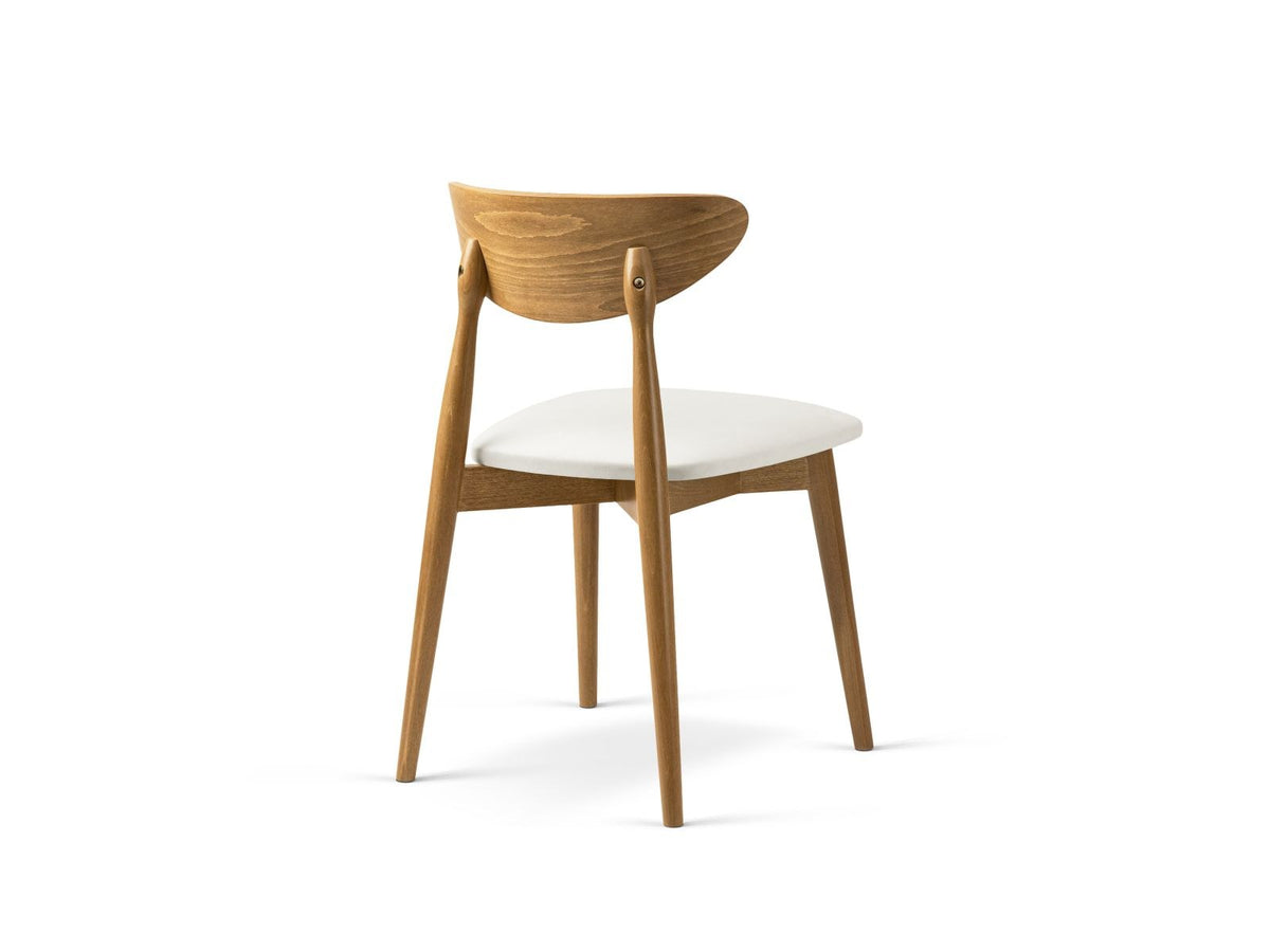 Zwei Leon Stühle mit Samtbezug in Almond Beige, Buchenholz-Beinen und gepolsterter Rückenlehne, Frontalansicht auf hellem Hintergrund.