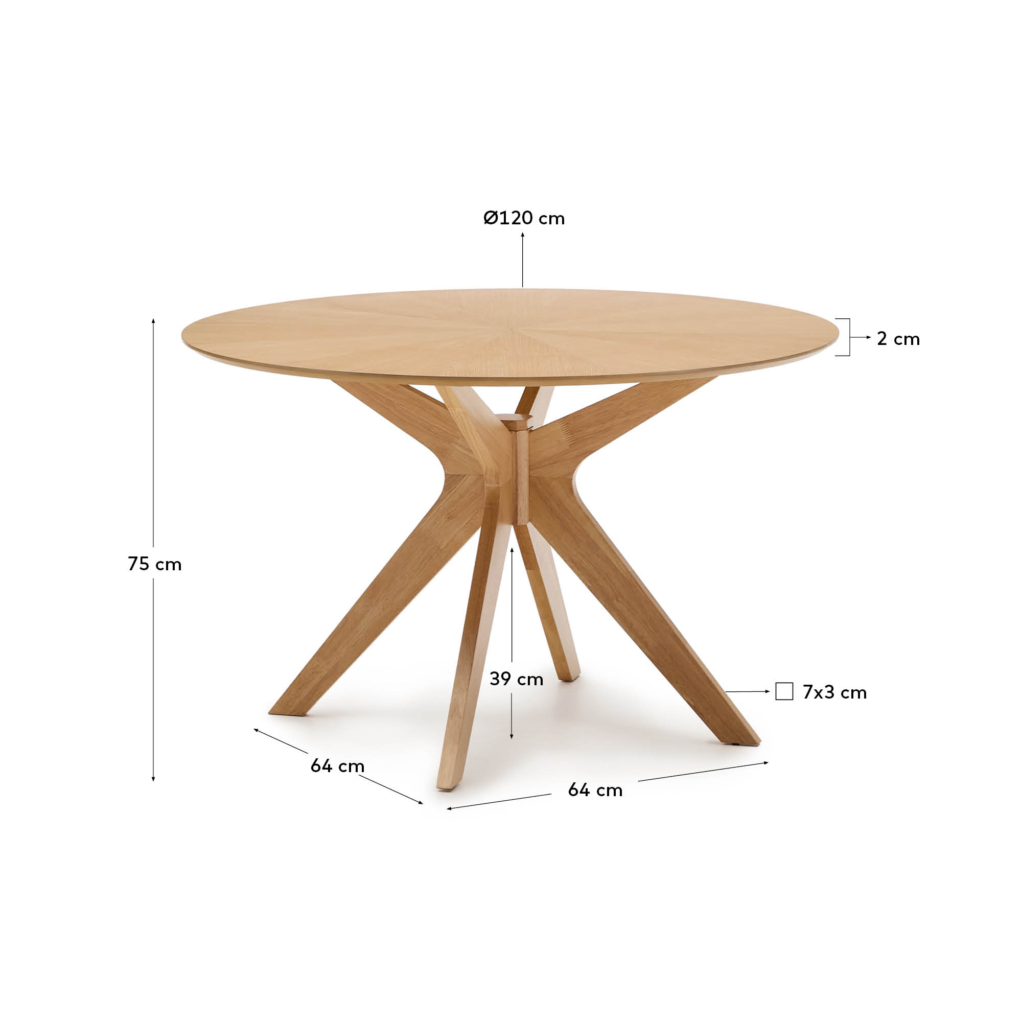 Eleganter Naanim Tisch von Kave Home, Ø 120 cm, aus edlem Eichenfurnier und robusten Gummibaumholzbeinen – perfektes Highlight für Ihr Esszimmer.
