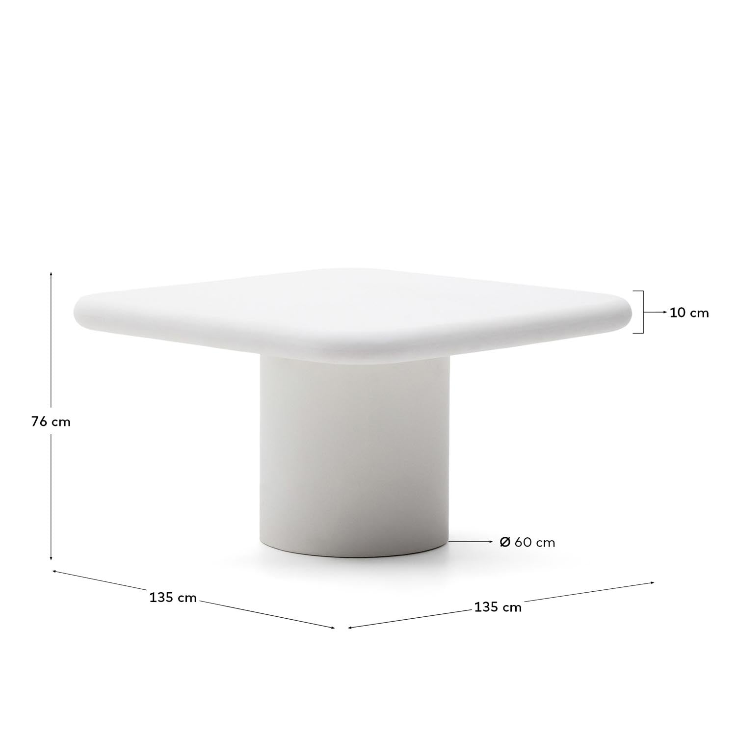 Entdecken Sie den eleganten Tisch Addaia von Kave Home (135 x 135 cm) aus robustem, weißem GFB-Beton – ideal für stilvolle Innen- und Außenbereiche.