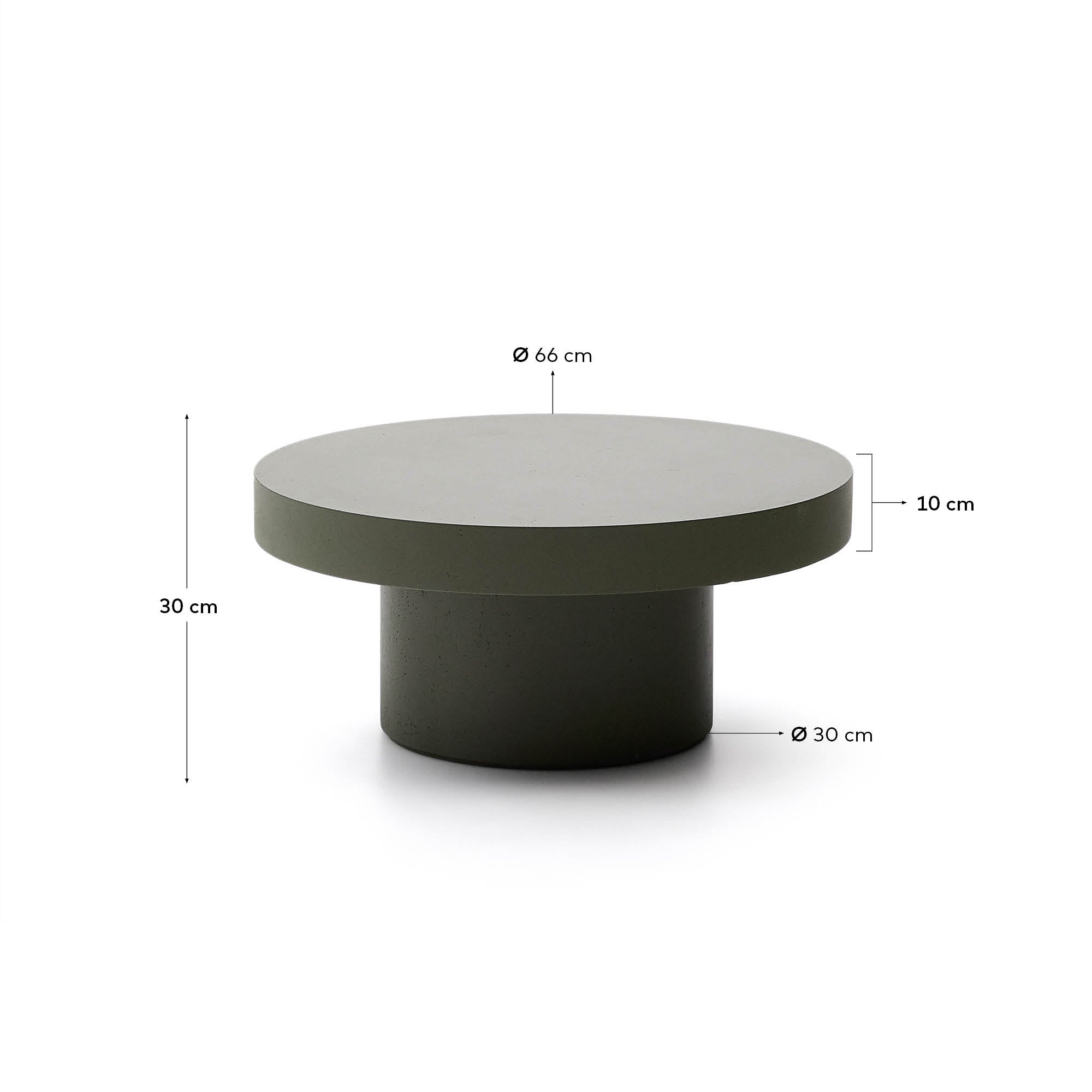 Der Couchtisch Aiguablava in elegantem Grün (Ø 66 cm) vereint modernes Design mit robuster Bauweise aus glasfaserverstärktem Beton – perfekt für jeden Raum.