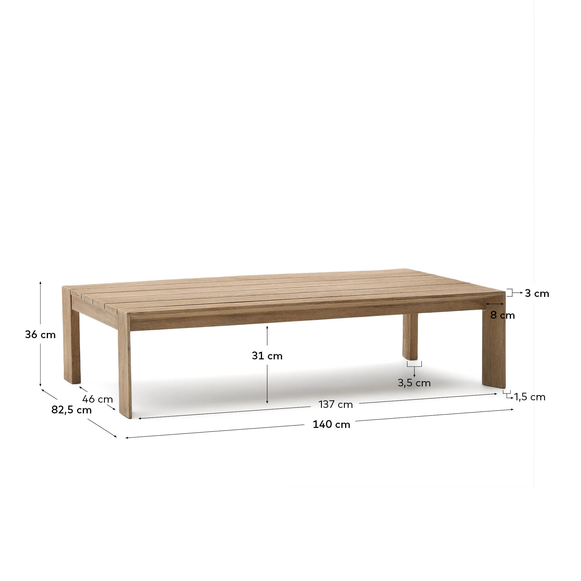 Stilvoller Couchtisch Ambra aus massivem Akazienholz, 82,5 x 140 cm. Ideal für drinnen und draußen, mit elegantem Finish und langlebiger Qualität.