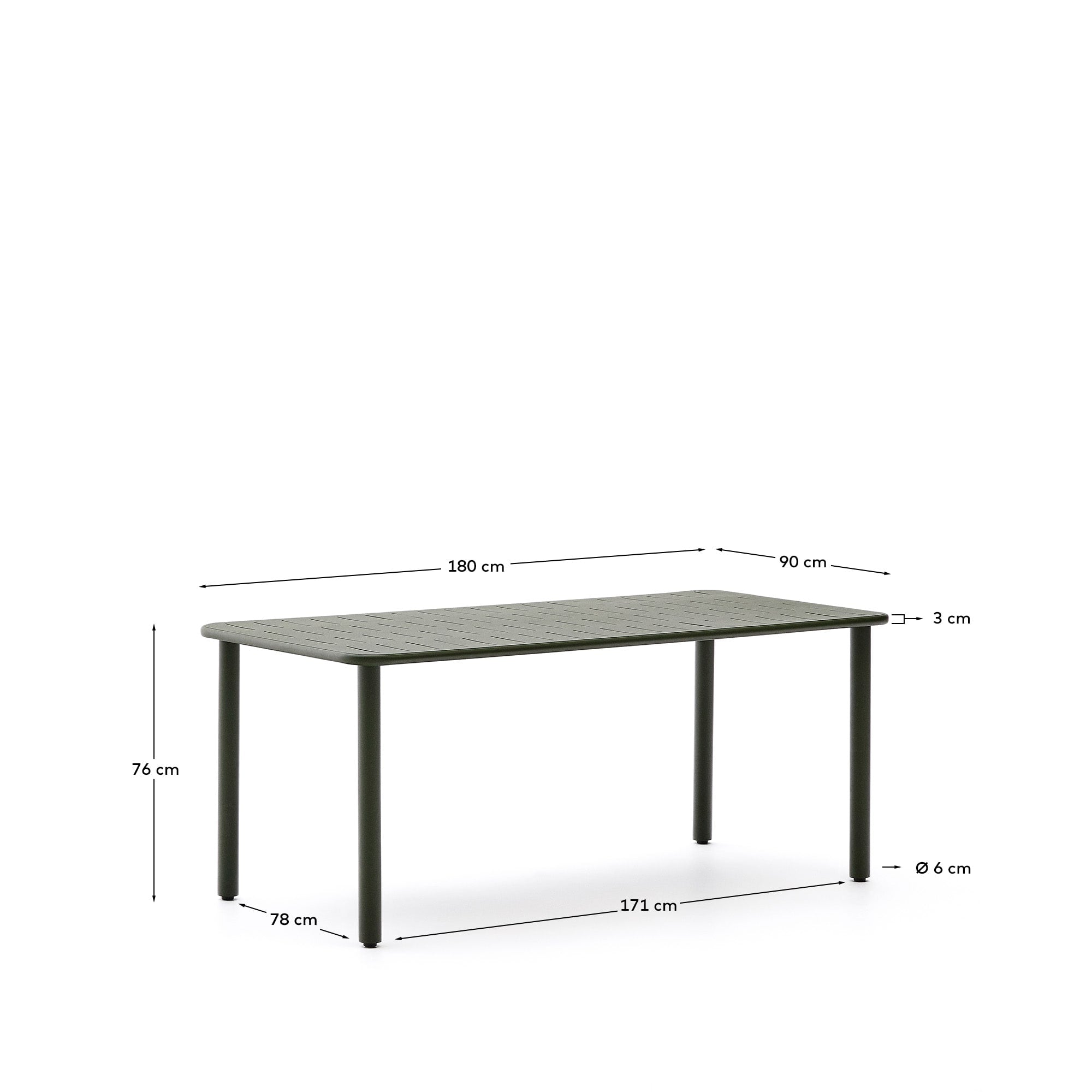 Der Outdoor-Tisch Brai aus grün verzinktem Stahl bietet großzügigen Platz für gesellige Momente und besticht durch seine pflegeleichte, moderne Optik.