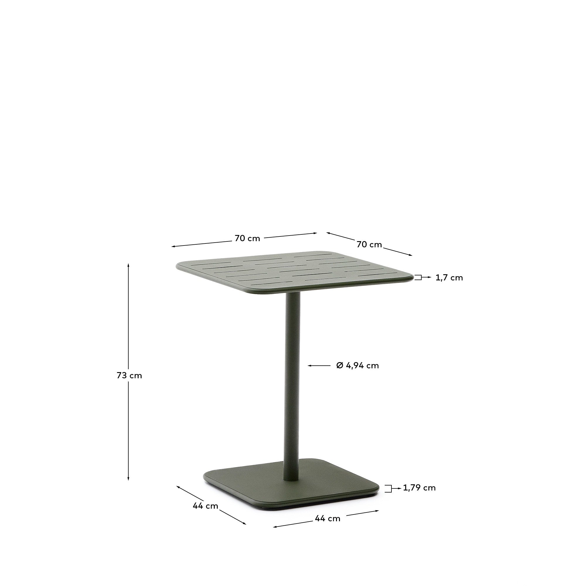 Entdecke den stilvollen Outdoor-Tisch Brai (70 x 70 cm) aus grün verzinktem Stahl – perfekt für kleine Balkone, robust und wetterfest für jeden Anlass.