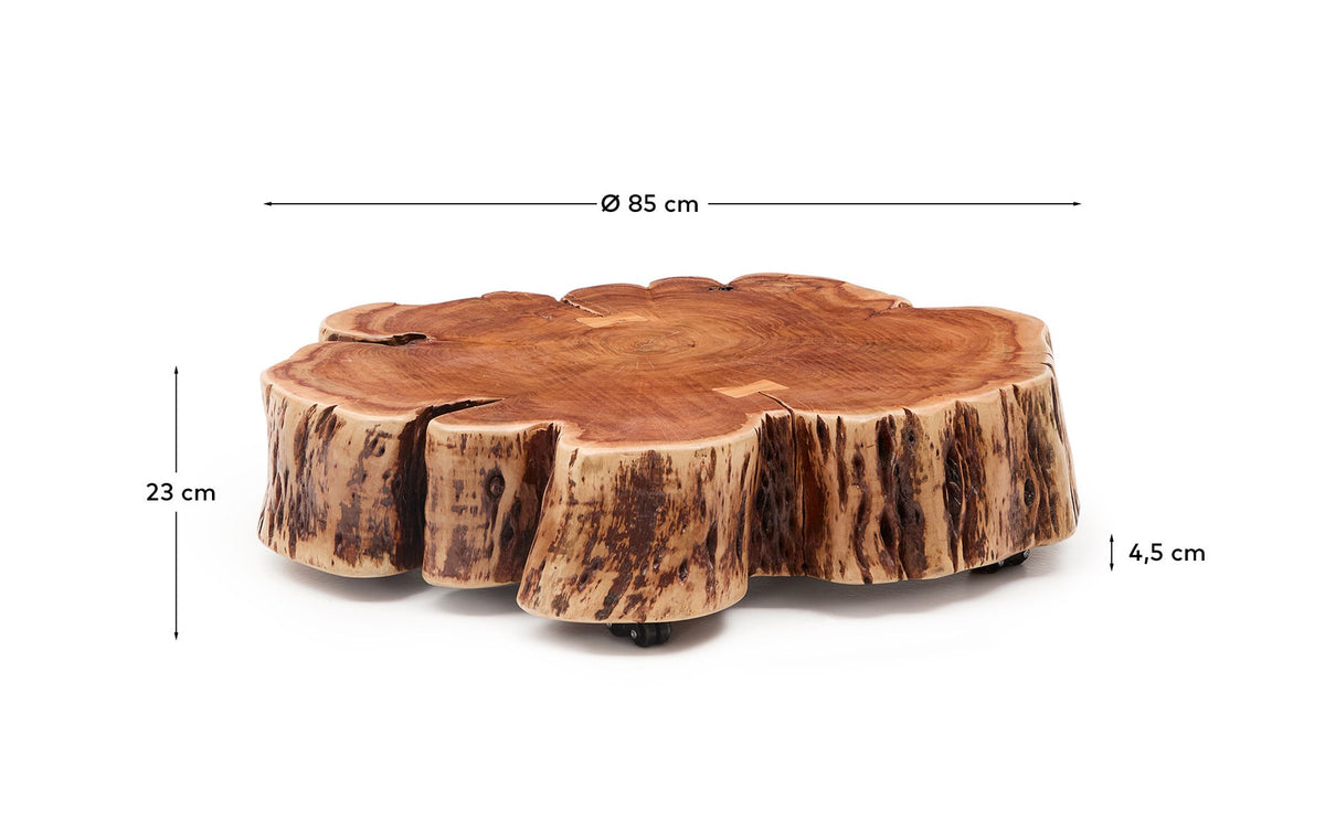 Couchtisch Tavine aus massivem Akazienholz mit gebleichtem Finish und Rollen Ø 85 cm in Beige präsentiert im Onlineshop von KAQTU Design AG. Couchtisch ist von Kave Home