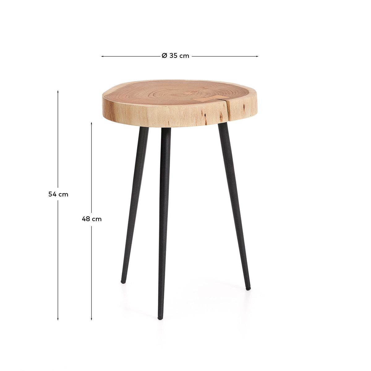 Beistelltisch Tanive aus massivem Akazienholz mit gebleichtem Finish und schwarzen Stahlbeinen Ø 35 cm in Natur, Schwarz präsentiert im Onlineshop von KAQTU Design AG. Beistelltisch ist von Kave Home