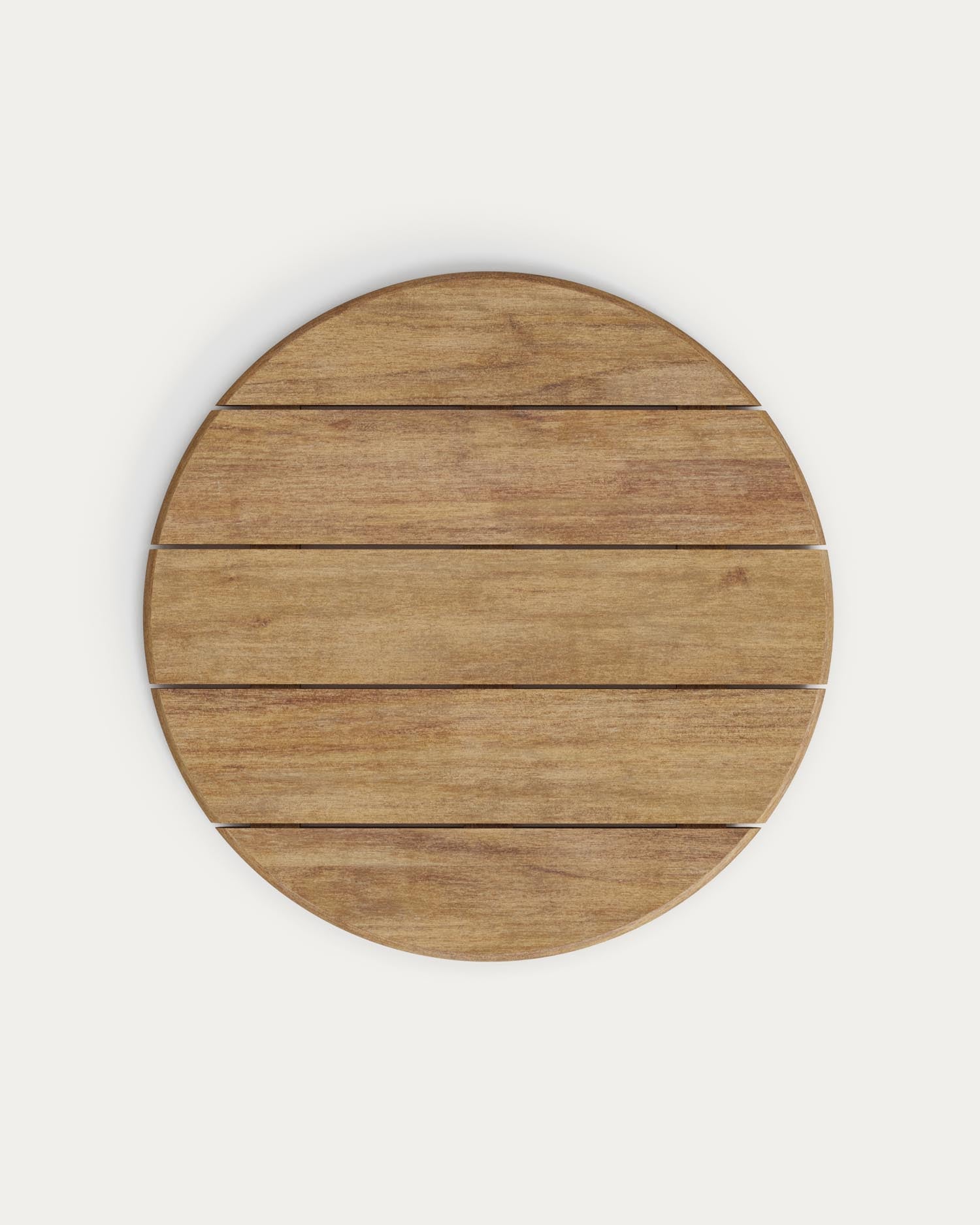 Entdecken Sie den stilvollen runden Outdoor-Tisch Esilda von Kave Home, Ø 80 cm, mit nachhaltiger Akazienholzplatte und langlebigem Stahlfuß.