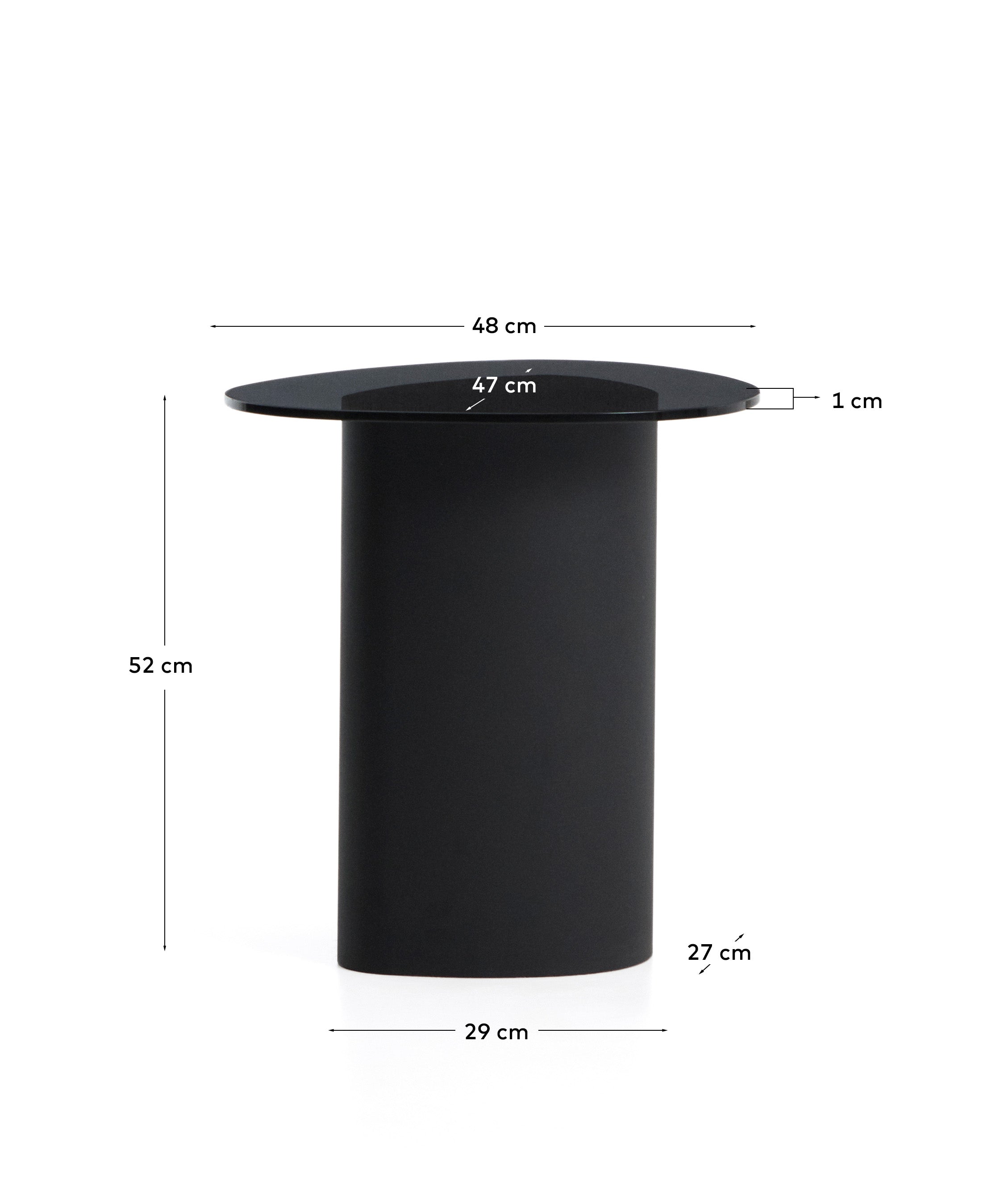 Eleganter Beistelltisch Olir mit einer Tischplatte aus gehärtetem Glas und einem stabilen Gestell aus schwarzem Stahl, ideal für moderne Wohnräume.