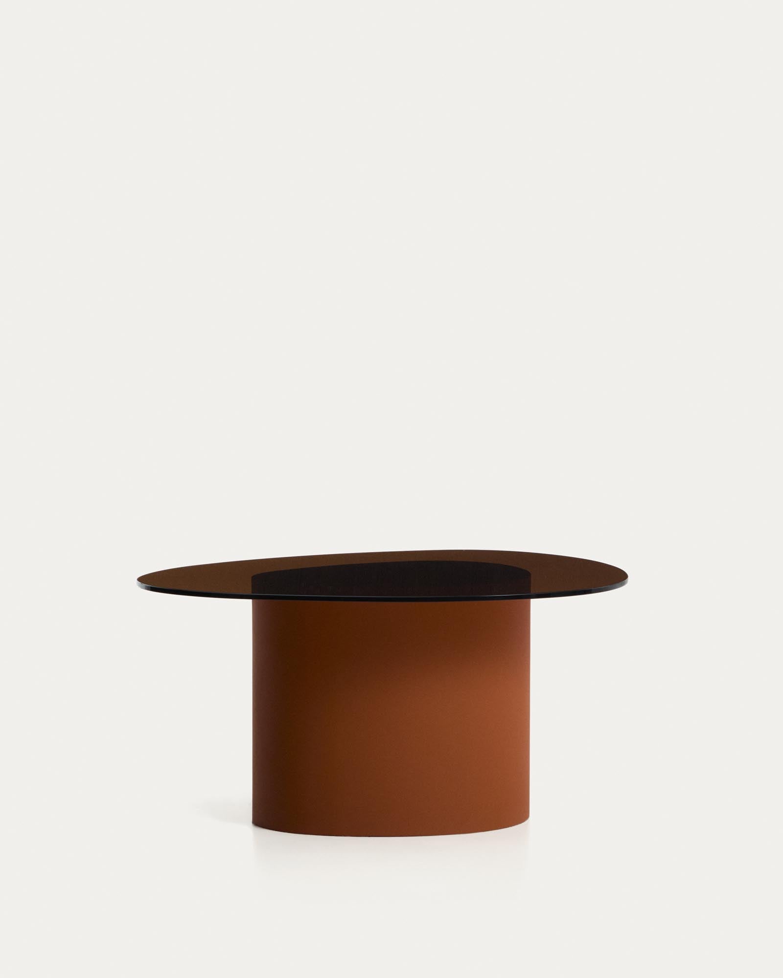 Moderner Couchtisch Olir aus stabilen Materialien, mit einer eleganten Glasoberfläche und einem braunen Stahlrahmen, perfekt für jedes Wohnzimmer.