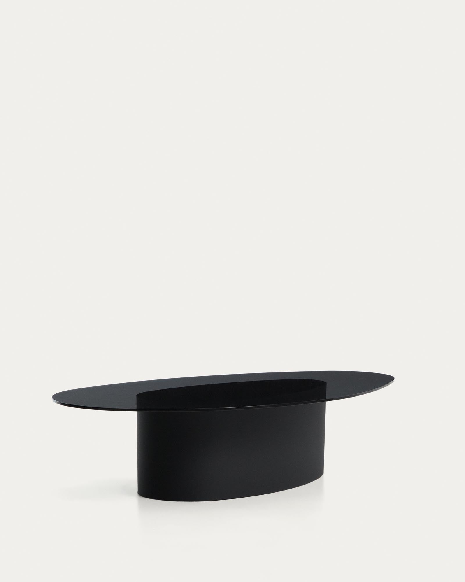 Moderner Couchtisch Olir mit robuster Glasoberfläche und schwarzem Stahlgestell, perfekt für stilvolle Wohnzimmergestaltung.