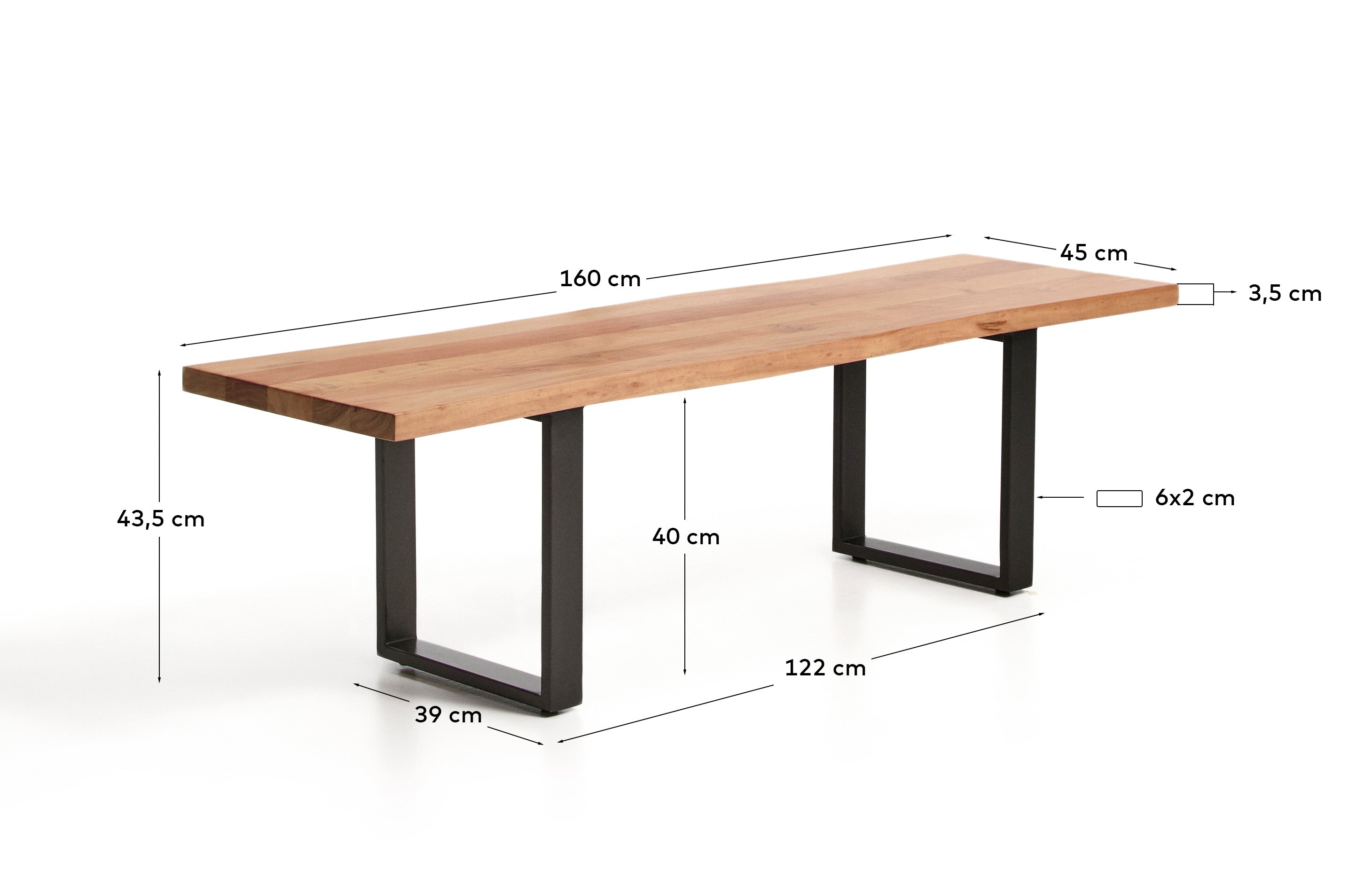 Bank Uxue aus massivem Akazienholz mit Beinen aus schwarzem Stahl 160 x 45 cm in Natur präsentiert im Onlineshop von KAQTU Design AG. Sitzbank ist von Kave Home