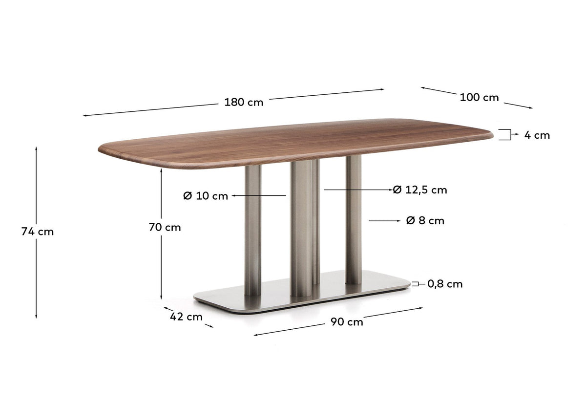 Tisch Melvar aus Nussbaumfurnier und Beine mit gebürsteter Edelstahlbasis 180 x 100 cm in Dunkelbraun präsentiert im Onlineshop von KAQTU Design AG. Esstisch ist von Kave Home