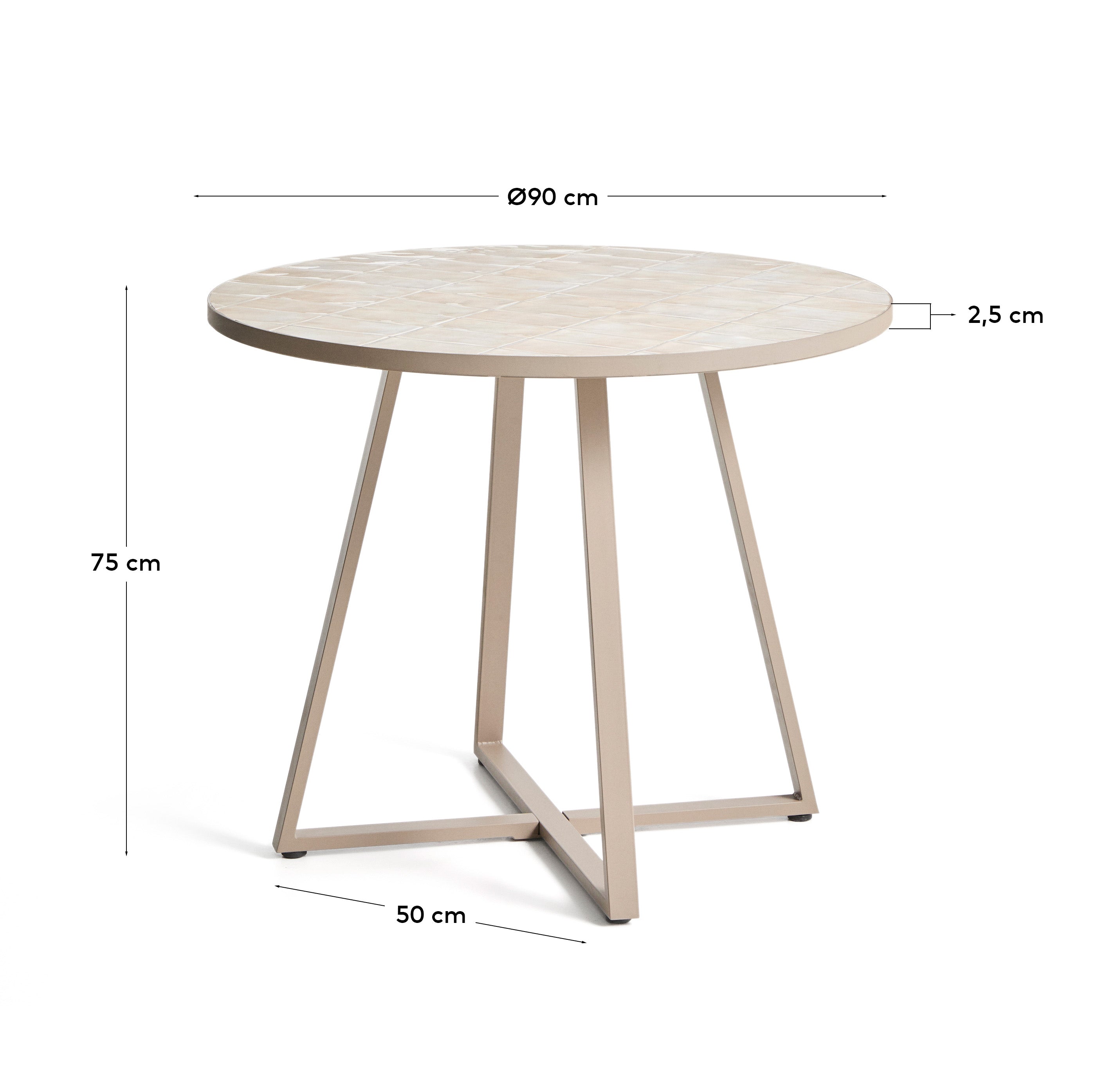 Runder Tisch Tella mit verzinktem Stahl und beigen Fliesen, Ø 90 cm in Ecru präsentiert im Onlineshop von KAQTU Design AG. Gartentisch ist von Kave Home