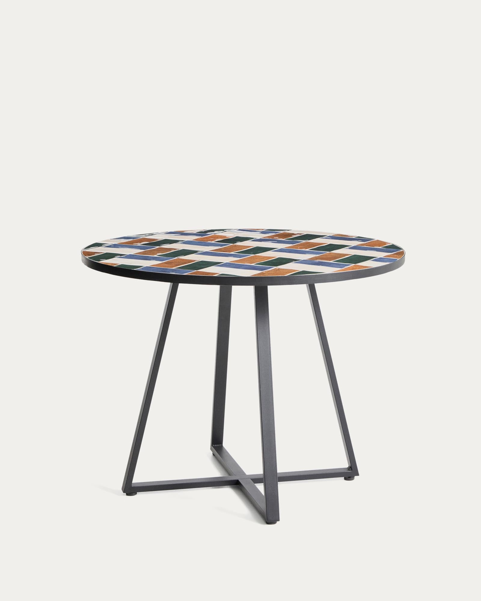 Moderner runder Tisch Tella aus robustem grafitfarbenem Stahl, Ø120 cm, verziert mit bunten Fliesen für einen stilvollen Look im Außenbereich.
