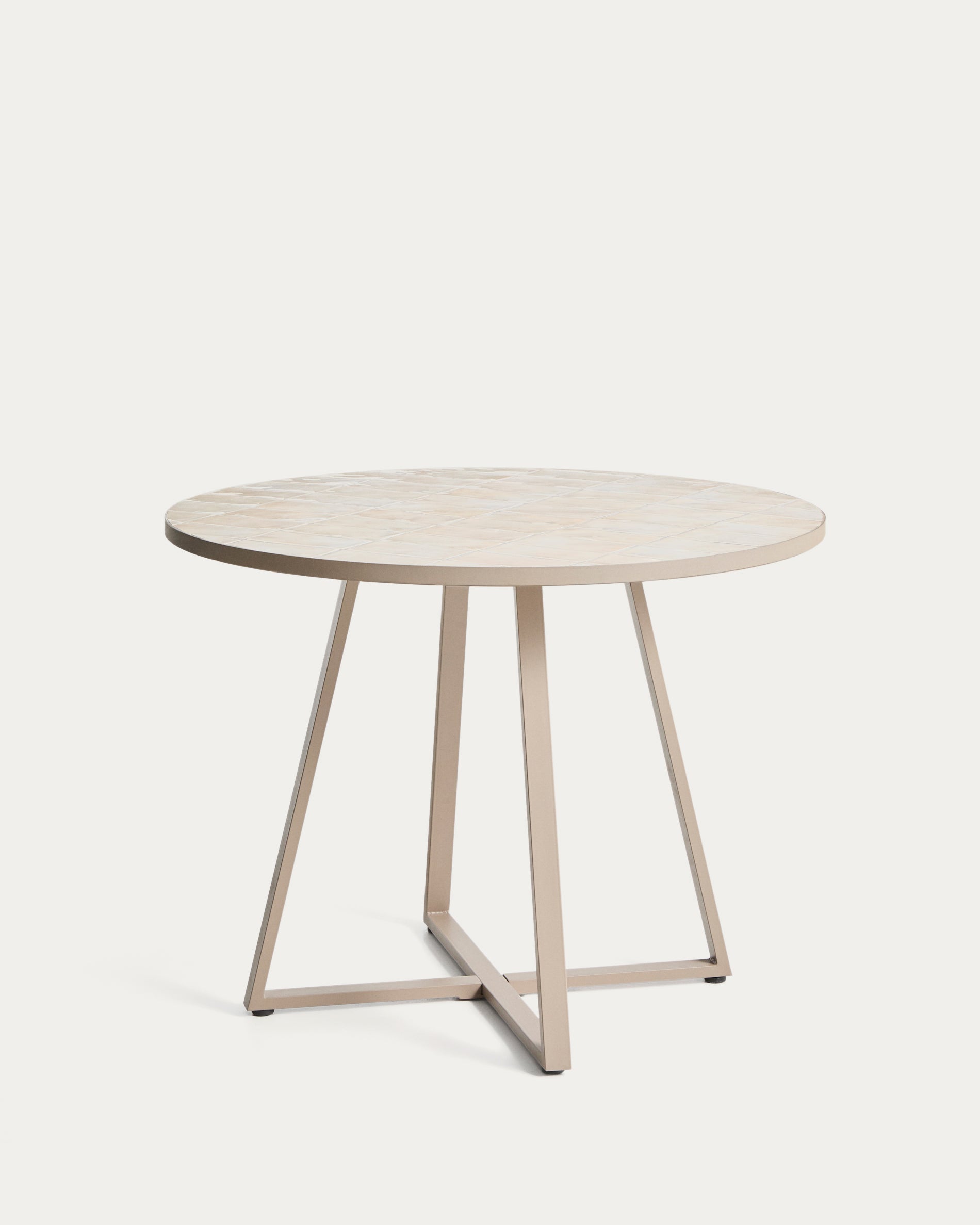 Eleganter Gartentisch Tella mit einem Durchmesser von 120 cm, aus robustem verzinktem Stahl und stilvollen beigen Fliesen, ideal für Outdoor-Bereiche.