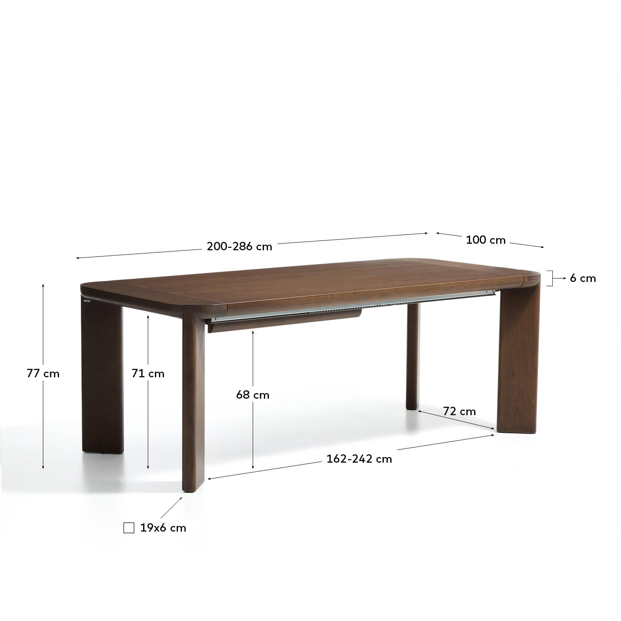 Ausziehtisch Jondal aus massivem Eichenholz und Eichenfurnier mit Nussbaumfinish, FSC 100 %, 200 (286) x 100 cm in Dunkelbraun präsentiert im Onlineshop von KAQTU Design AG. Esstisch ist von Kave Home