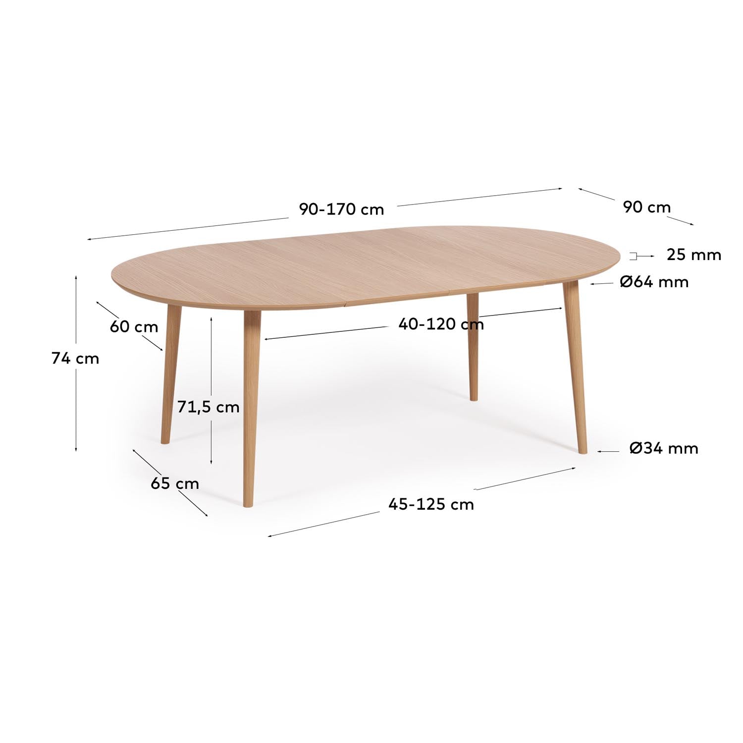 Entdecke den runden Ausziehtisch Oqui von Kave Home: 90 cm Durchmesser, erweiterbar auf 170 cm. Hochwertige Materialien für stilvolle Geselligkeit.