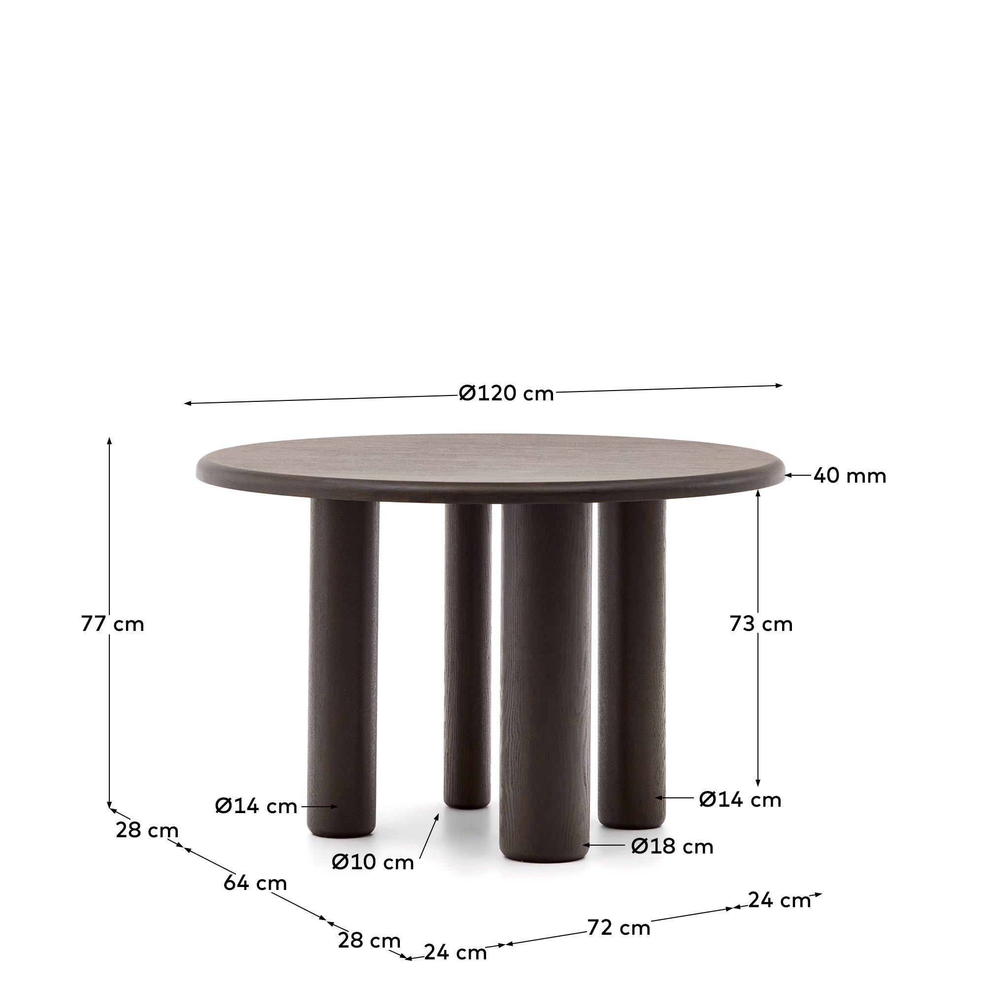 Eleganter runder Tisch aus Eschenfurnier mit dunklem Finish, Ø 120 cm – ideal für gesellige Runden und stilvolle Einrichtung.