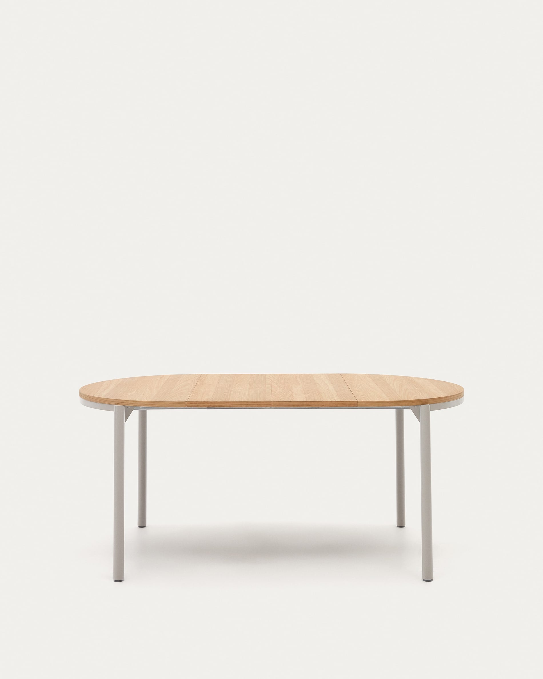 Moderner runder Ausziehtisch Montuiri, Eichenfurnier, graue Stahlbeine, Ø90-170 cm, perfekt für stilvolle Wohnräume.