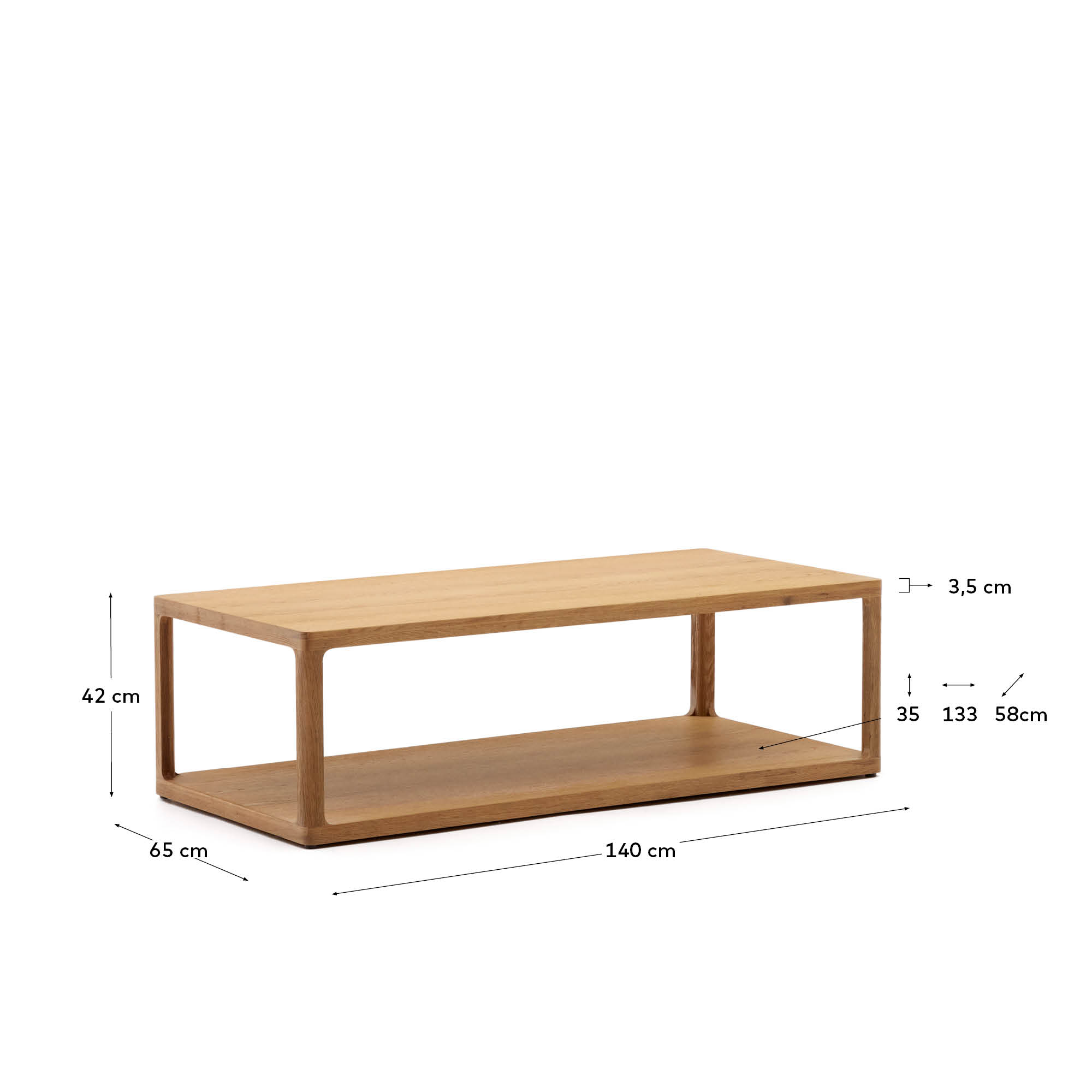 Eleganter Maymai Couchtisch aus langlebigem Eichenholz, 140 x 65 cm von Kave Home – ideal für stilvolle Wohnzimmer und vielseitige Einrichtung.