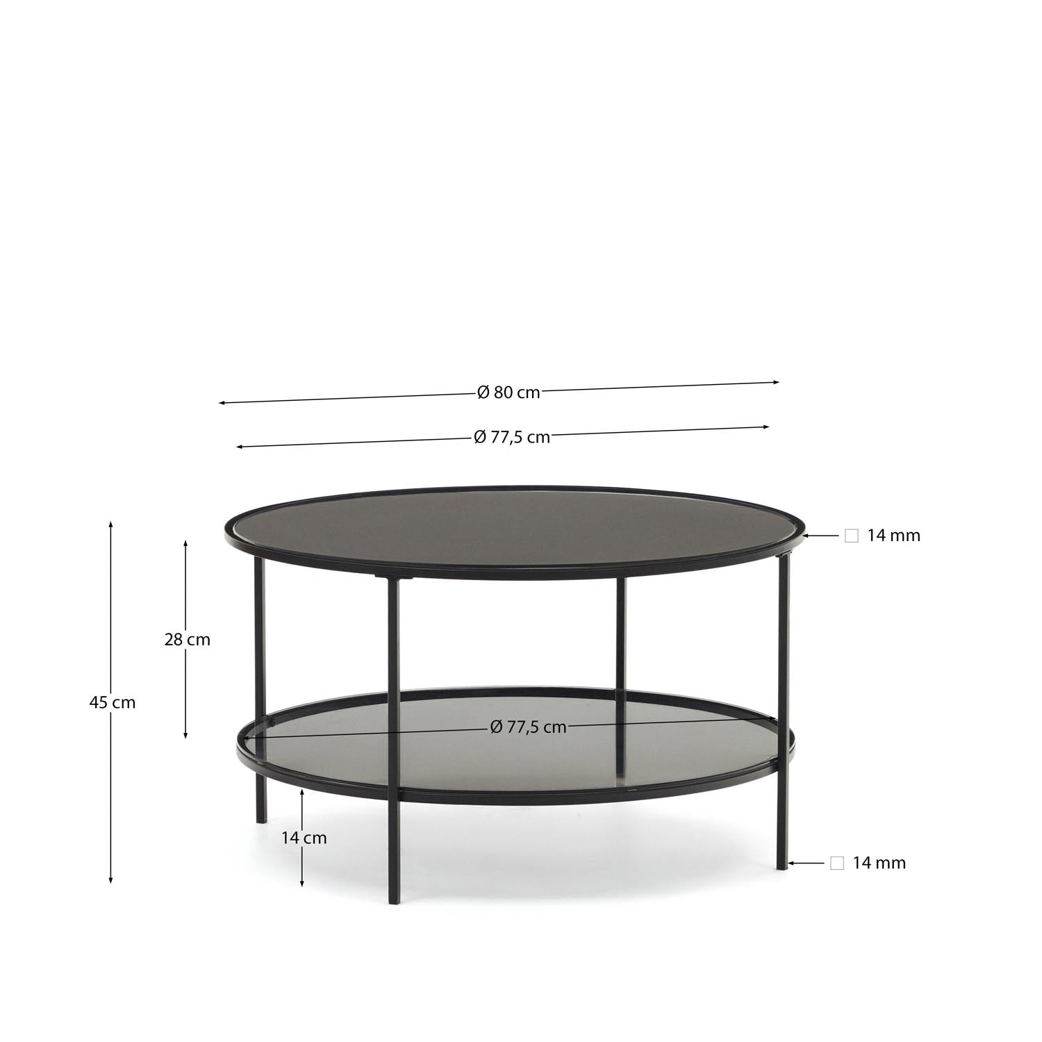 Entdecke den Gilda Couchtisch von Kave Home: 80 cm Durchmesser, robustes Glas und mattschwarzes Metall vereinen Funktionalität und Stil.