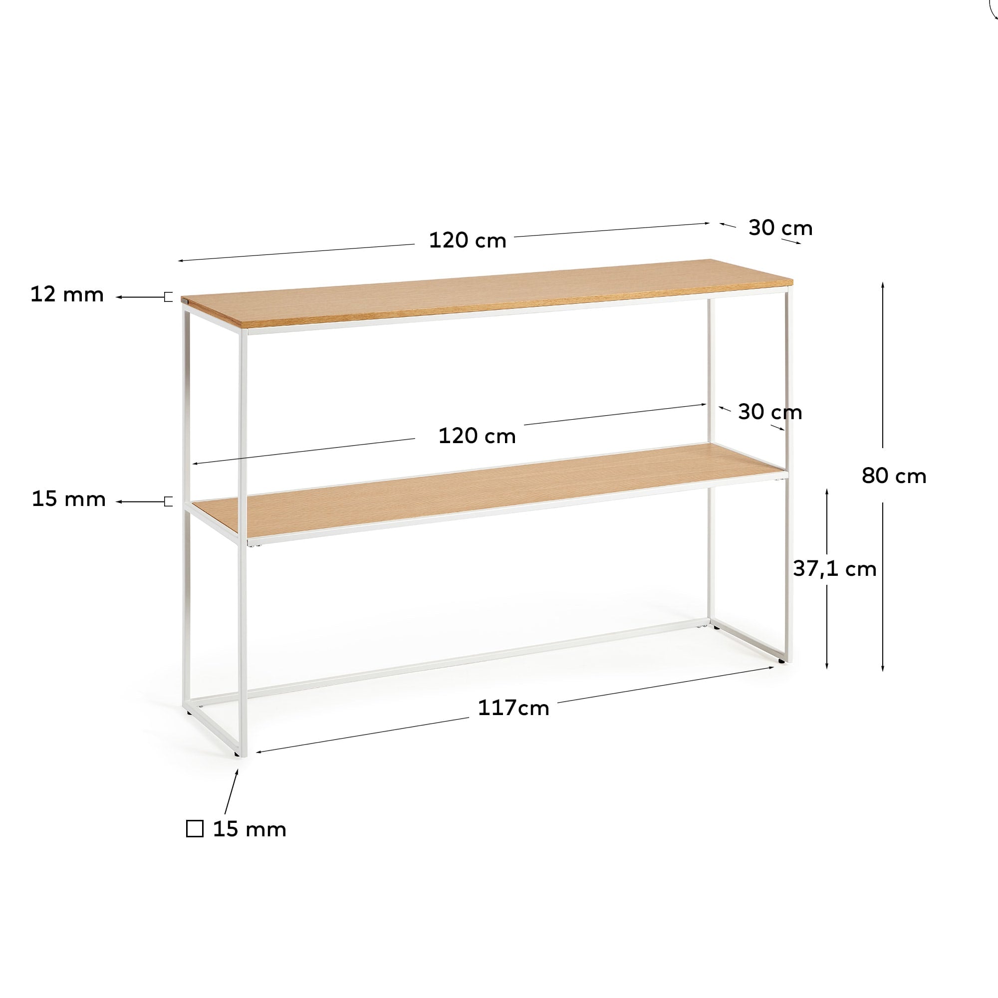 Der Yoana Konsolentisch von Kave Home kombiniert elegantes Eichenfurnier mit einem stabilen, weißen Metallgestell und bietet Platz für gesellige Runden.