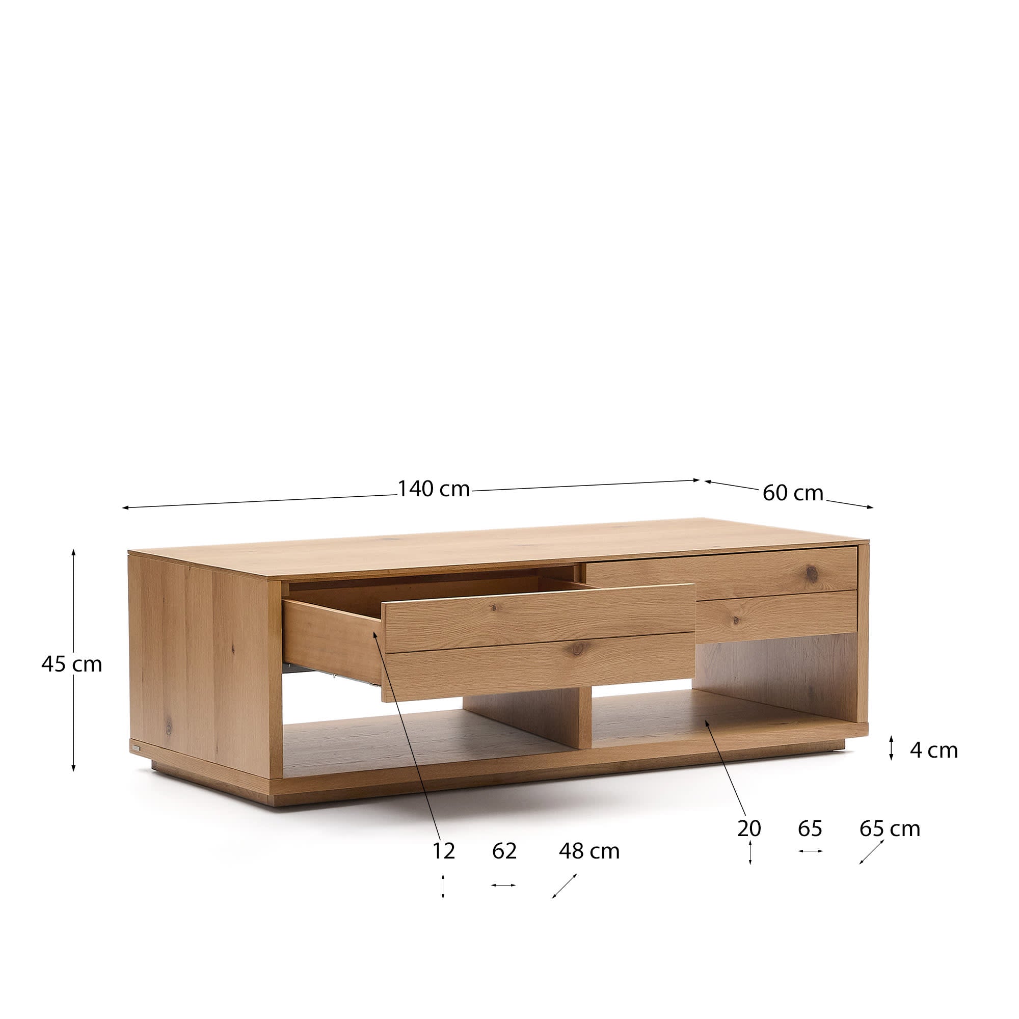 Eleganter Couchtisch Alguema aus langlebigem Eichenfurnier, 140 x 60 cm, mit zwei Schubladen für optimalen Stauraum und zeitloser, natürlicher Ausstrahlung.