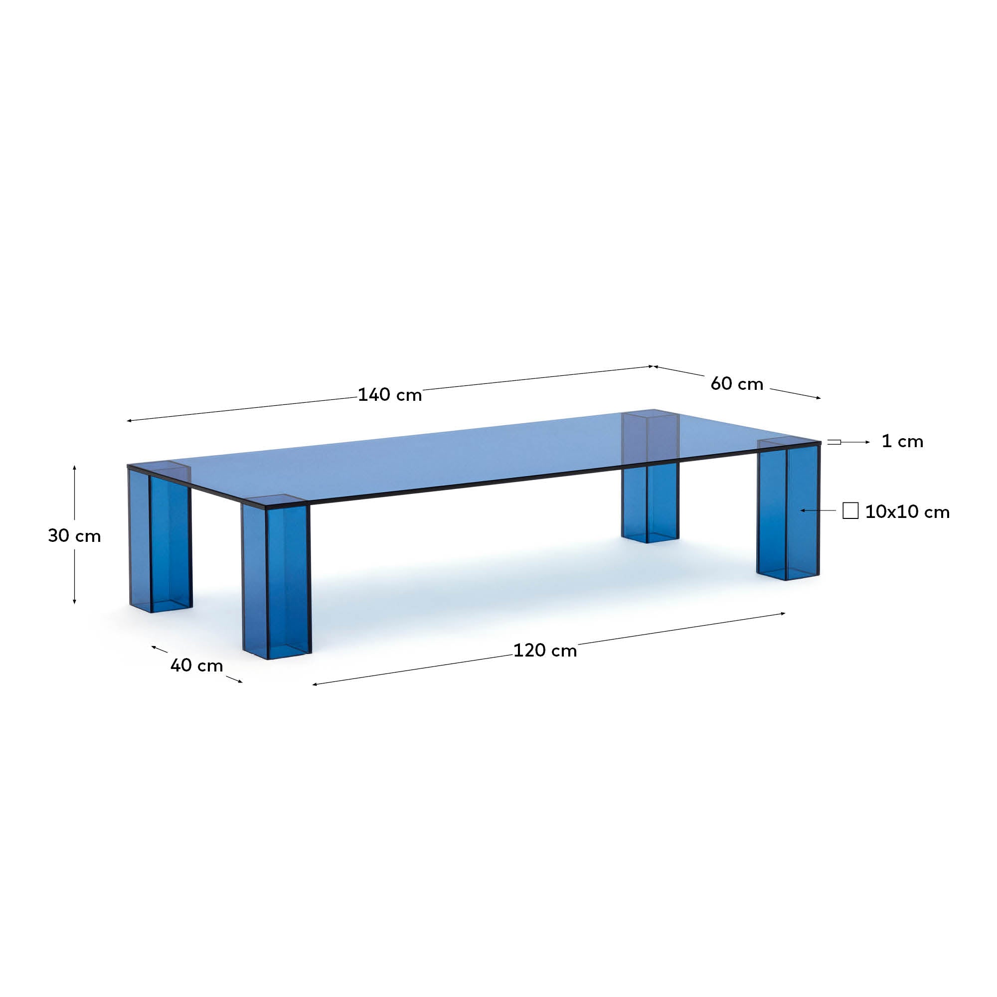 Eleganter Couchtisch Adularia in 140 x 60 cm aus widerstandsfähigem, blauem gehärtetem Glas – perfektes Design für Ihr modernes Zuhause.