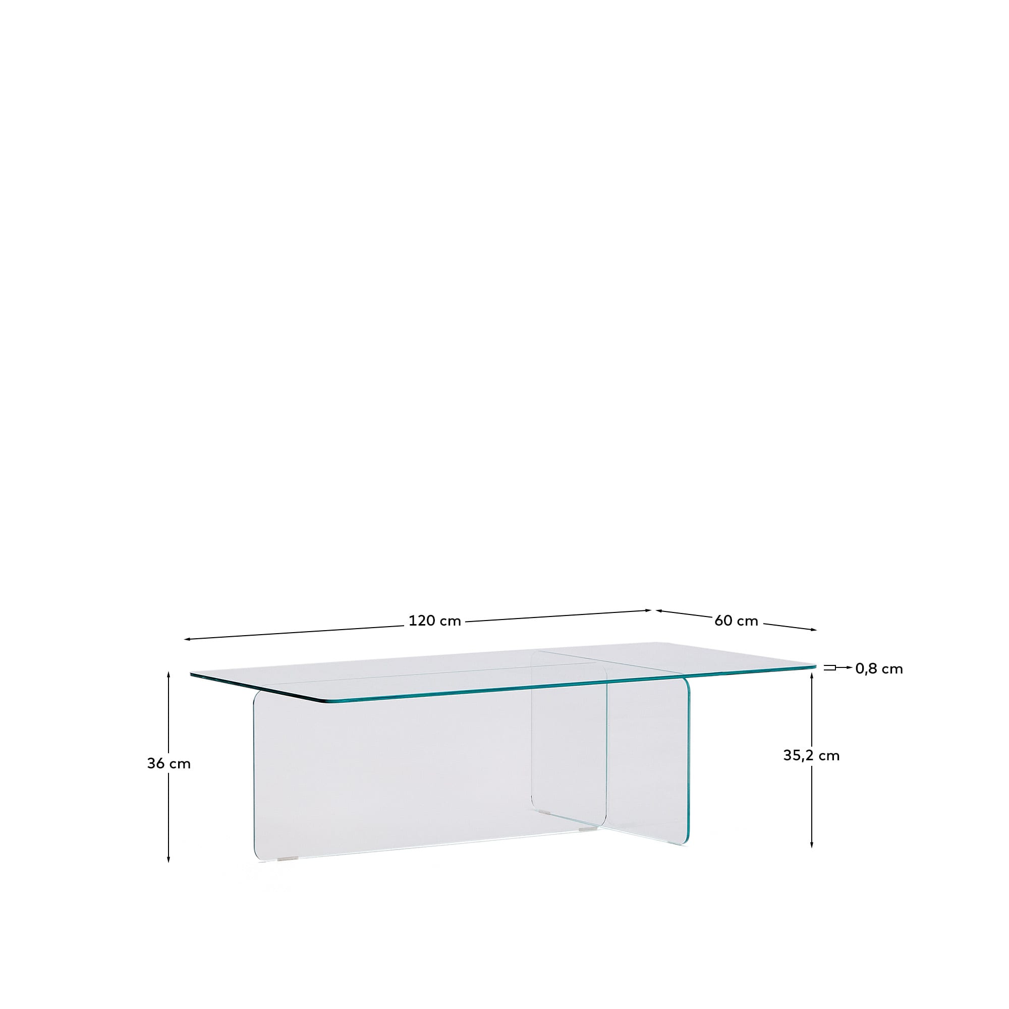 Moderner Couchtisch Zaren aus transparentem, gehärtetem Glas (120 x 60 cm) von Kave Home. Ideal für stilvolle Wohnräume, robust und elegant.