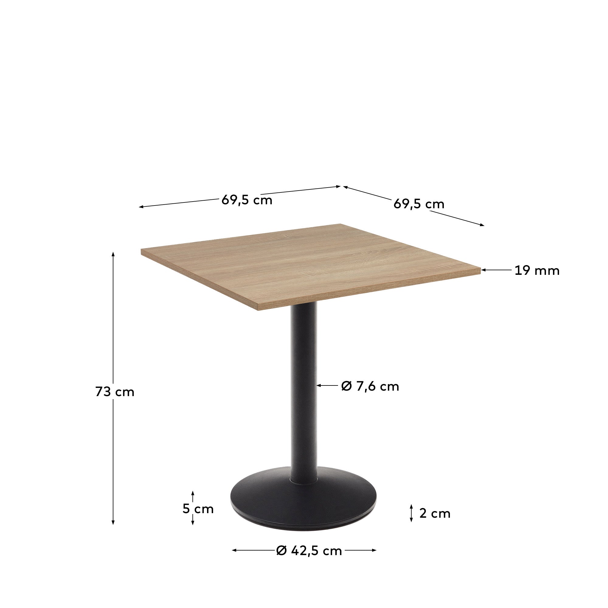 Stylischer Esilda Tisch von Kave Home: 70x70x70 cm, naturfarbenes Melamin und robuste schwarze Metallbeine. Perfekt für Esszimmer und mehr!