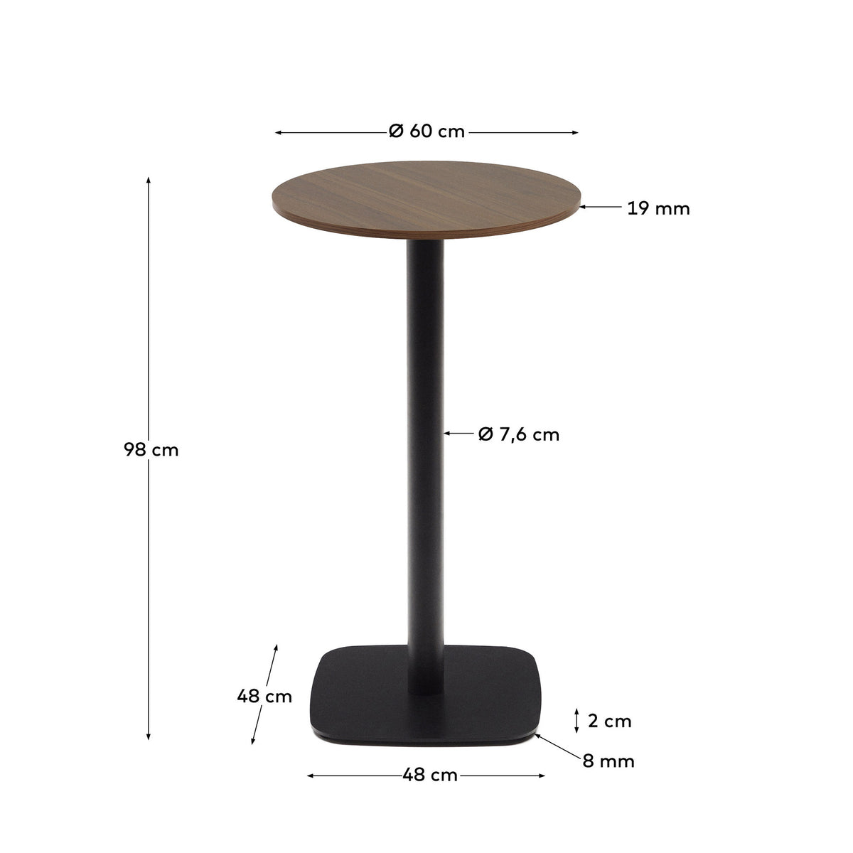 Dina hoher runder Tisch Melamin in Nussbaum-Finish und Metallbein mit schwarzer Lackierung Ø60x96 cm in Braun, Schwarz präsentiert im Onlineshop von KAQTU Design AG. Hochtisch ist von Kave Home