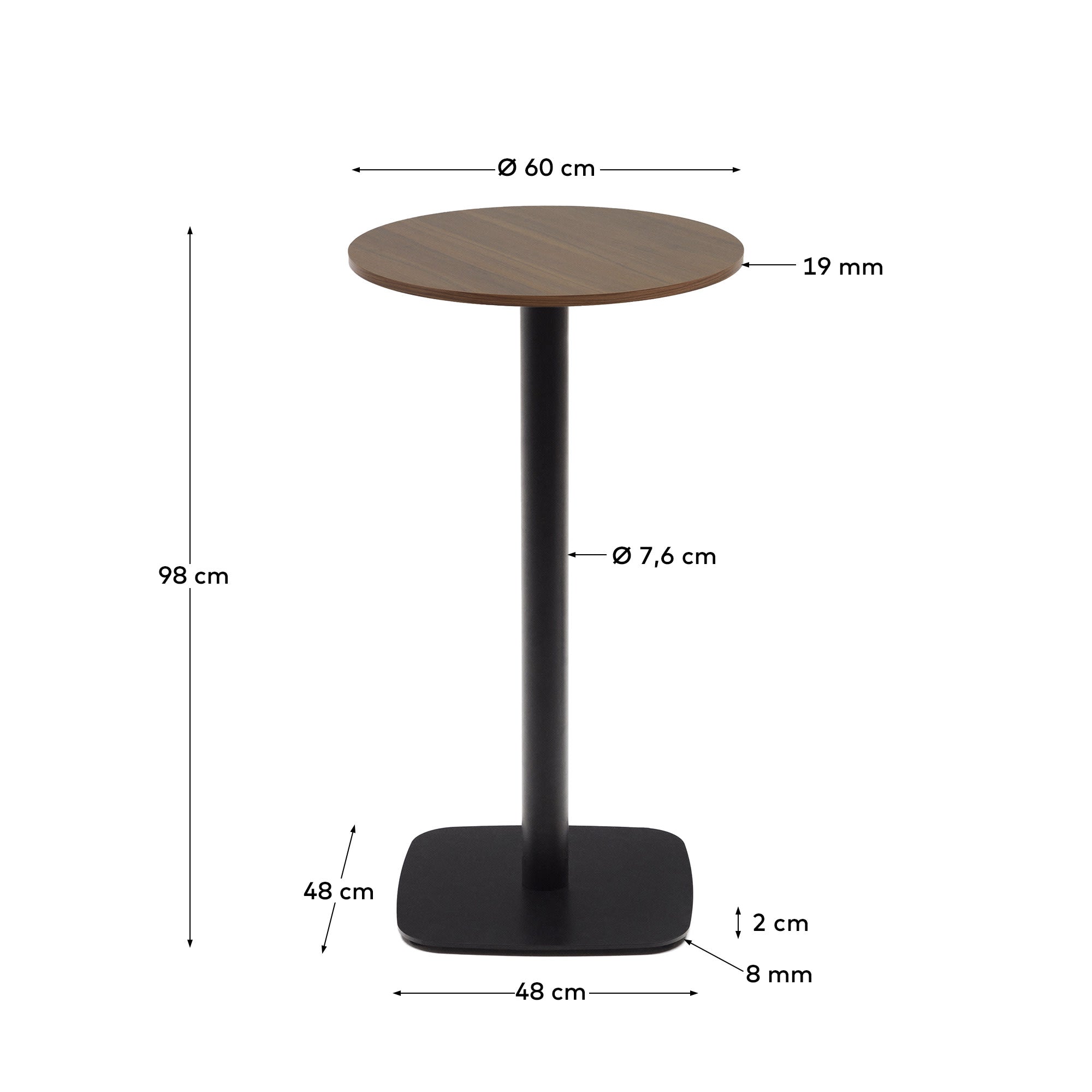Eleganter runder Hochtisch Dina mit Nussbaum-Finish und robustem Metallbein. Ideal für moderne Wohn- und Gastronomieräume.