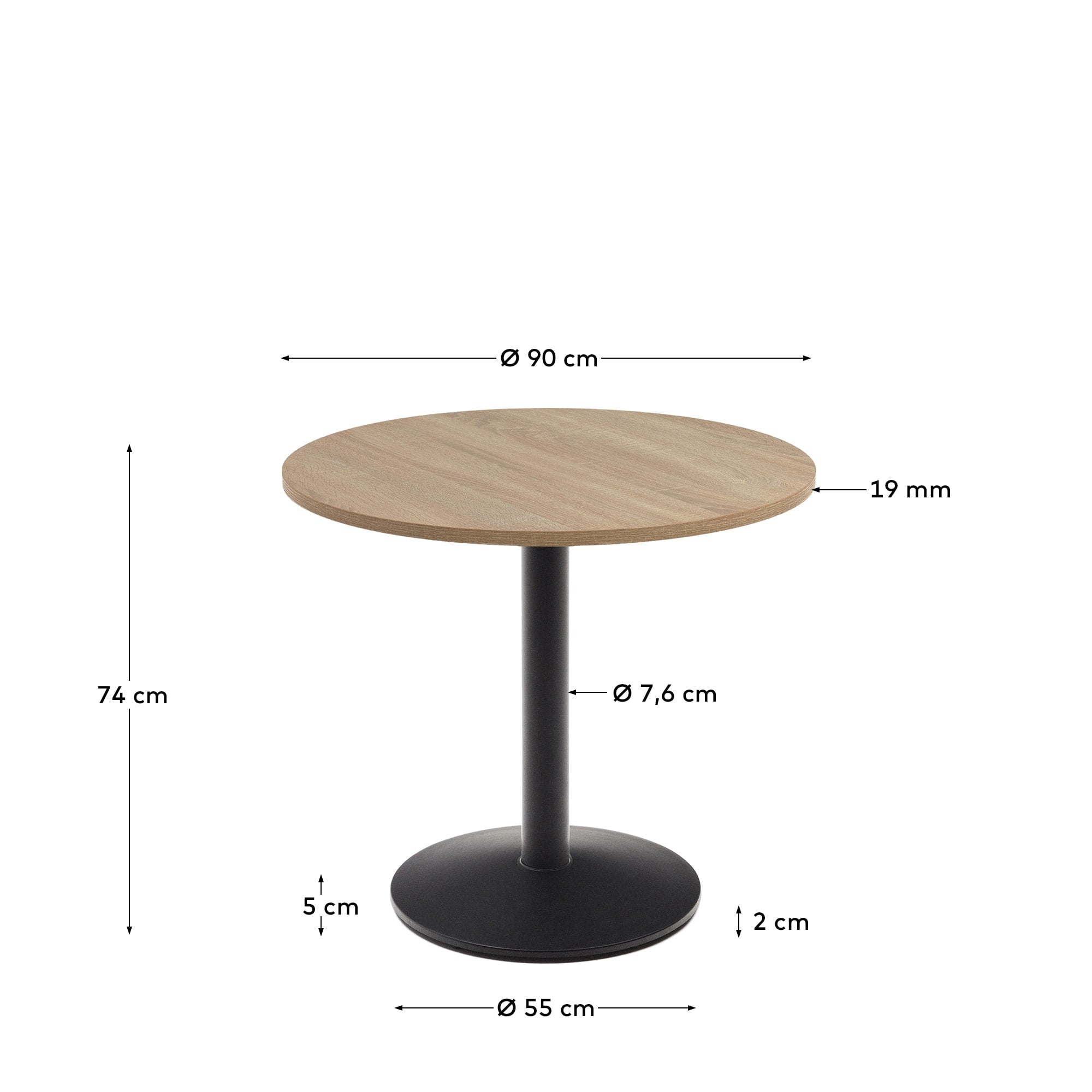 Runder Esstisch Esilda von Kave Home: Ø90cm, warme Melaminoberfläche in Natur, robuste Metallbeine in Schwarz, perfekt für gemütliche Esszimmer.