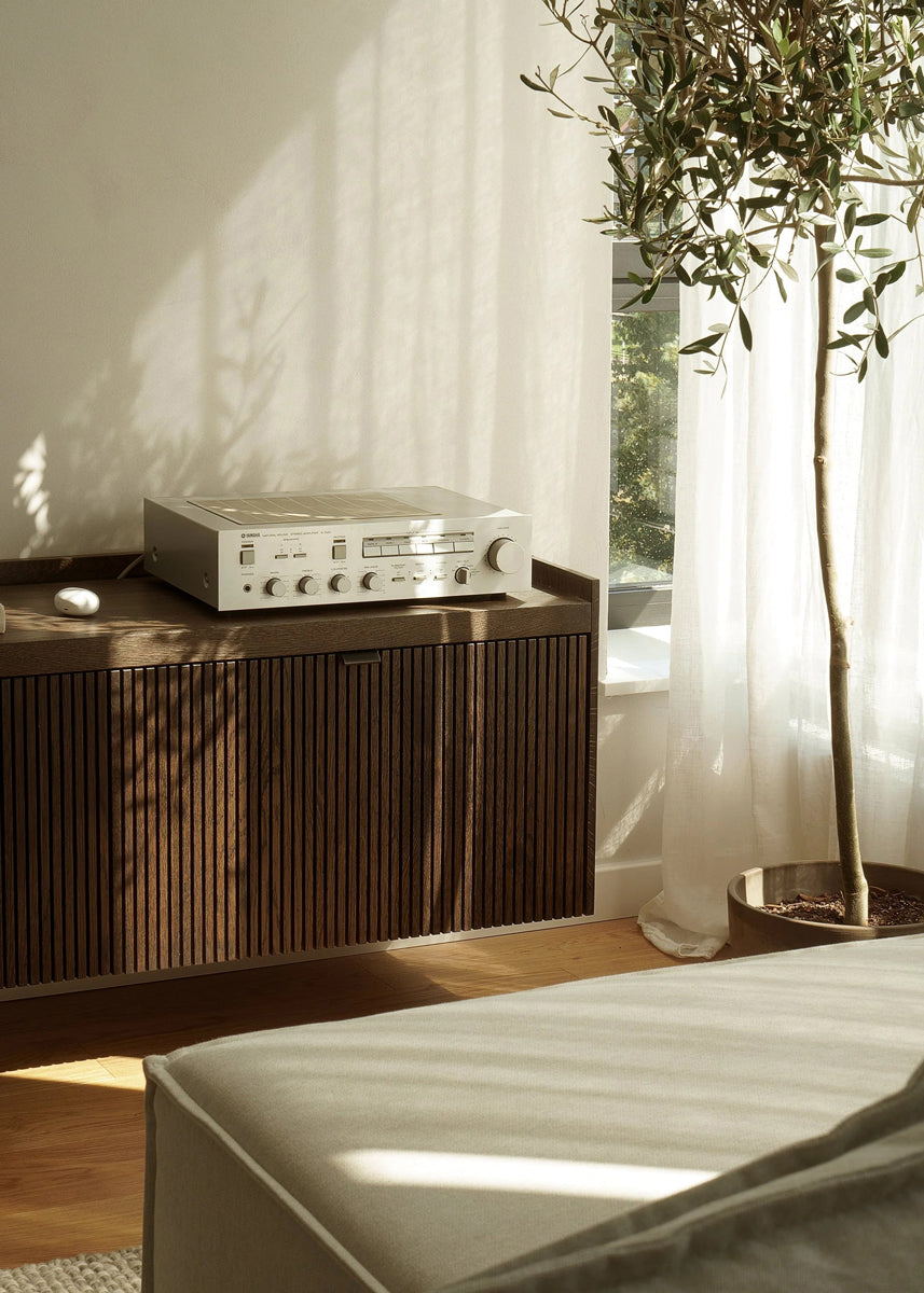 Eleganter TV-Schrank Meda MDA02 von Tamo, kombiniert stilvolle Holzfronten mit einem minimalistischen Metallgestell für zeitgemäße Einrichtung.