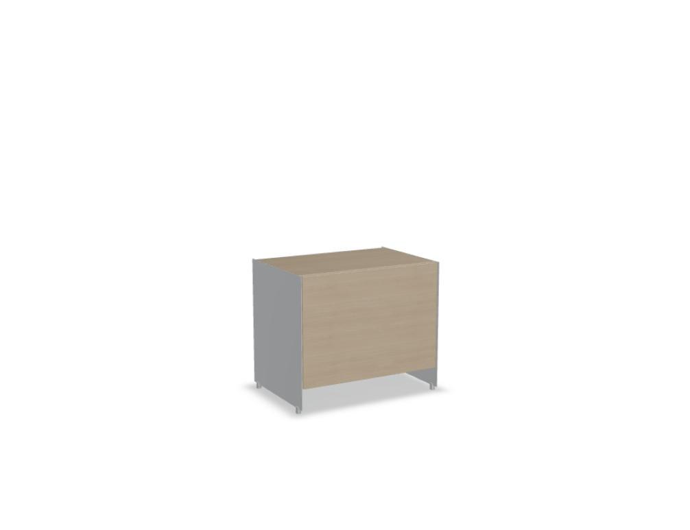 Büroschrank Aloox von Tamo in Eiche Natur mit Massivholzfront, Aluminium-Korpus und Aluminiumfüssen, freistehend oder hängend montierbar.
