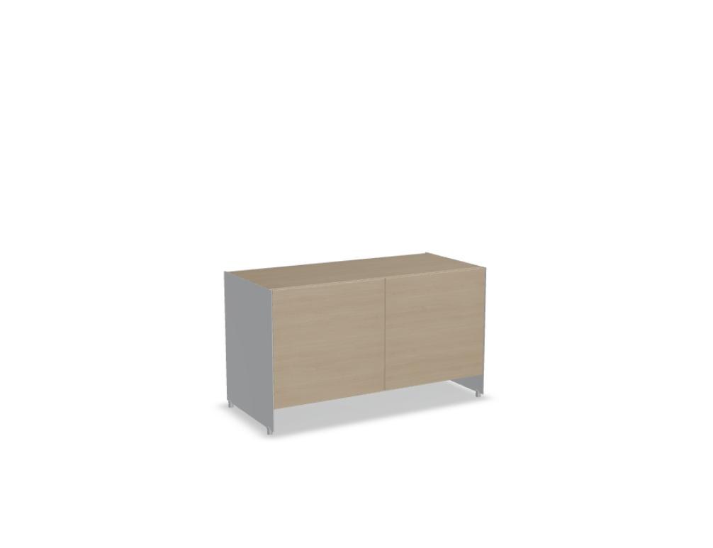 Büroschrank Aloox von Tamo in Eiche Natur mit Massivholzfront, Aluminium-Korpus und Aluminiumfüssen, freistehend oder hängend montierbar.