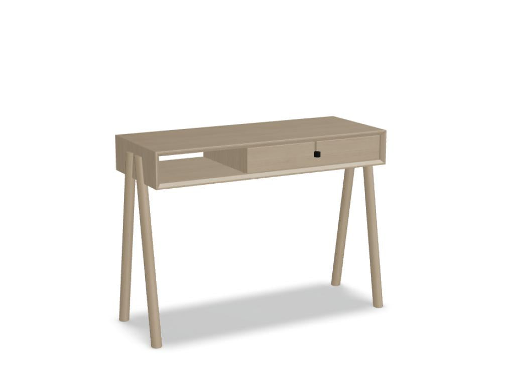 Bild eines modernen Holzschreibtisches Amelia AML01 von Tamo in warmer Holznote, detaillierte Oberflächentextur, klare Arbeitsfläche, zeitloses Design, passt perfekt ins Büro oder Home-Office.