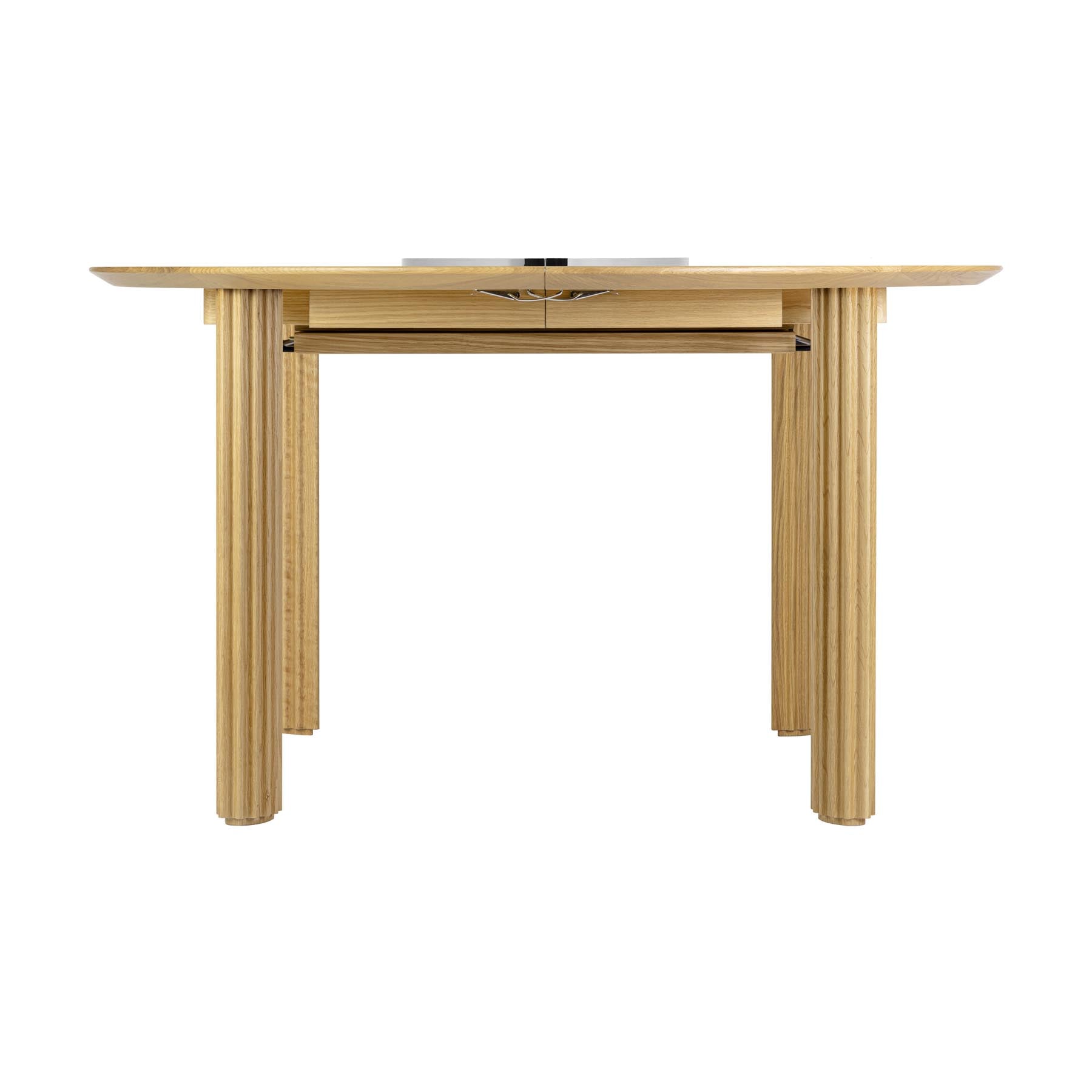 Moderner, ausziehbarer Comfort Circle Esstisch von Umage in elegantem Nero steel/Rippled Design, perfekt für gemütliche Essenszeiten.