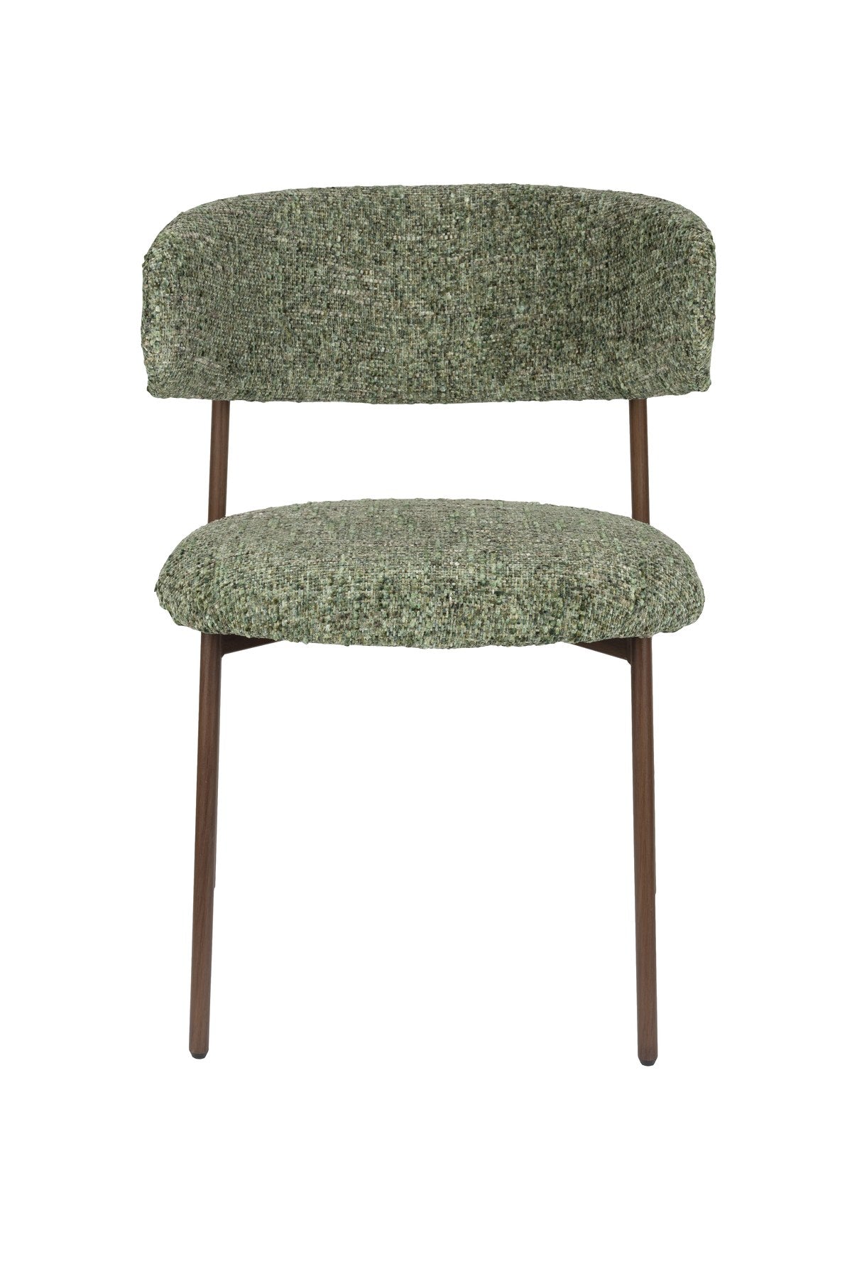 Stuhl Claes von White Label Living mit grünem Polyesterbezug, schwarzem Gestell und gepolstertem Sitz aus PU-Schaum.