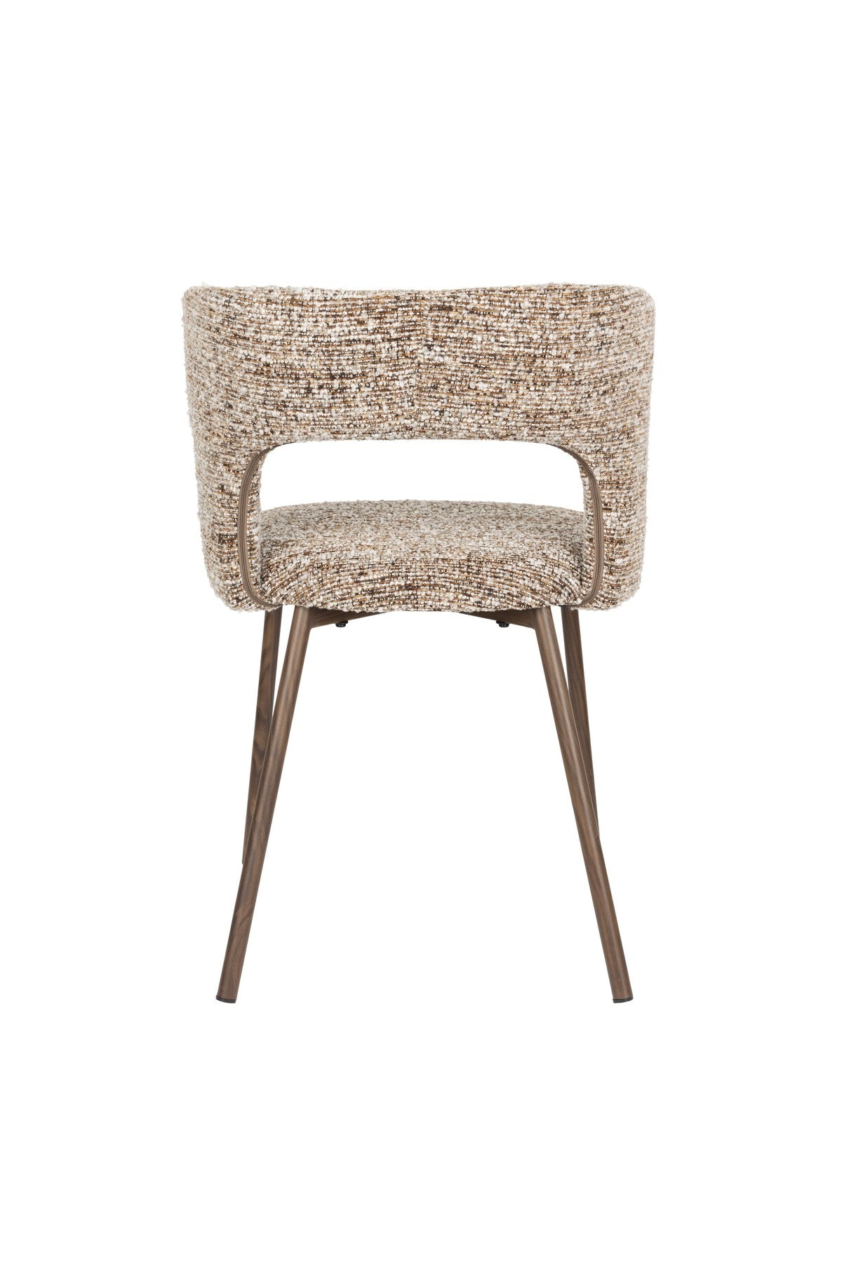 Stuhl Chelsea von White Label Living mit beigem, grob gewebtem Polsterbezug und schlankem Gestell mit bogenförmiger Rückenlehne.