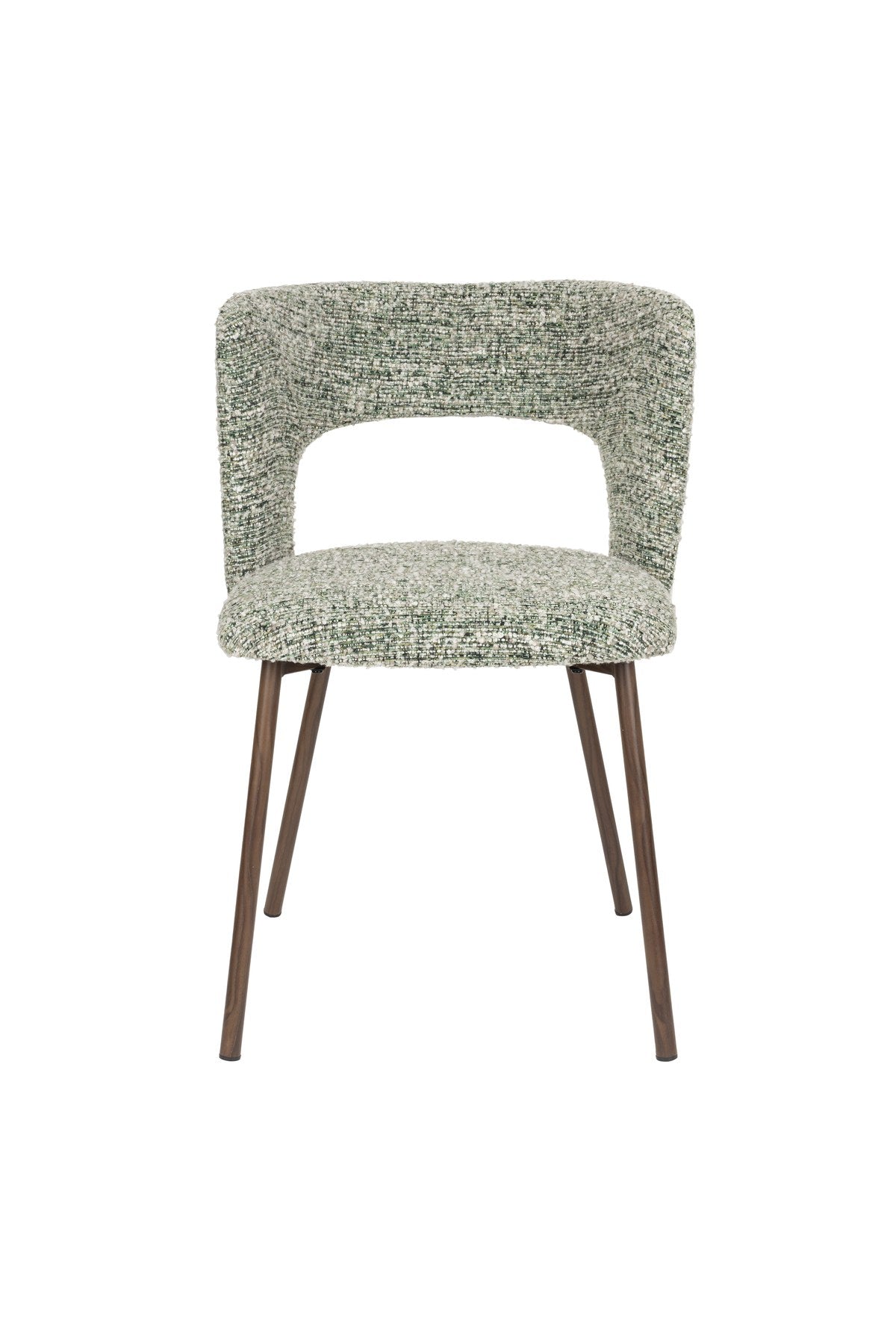 Stuhl Chelsea von White Label Living mit beigem, grob gewebtem Polsterbezug und schlankem Gestell mit bogenförmiger Rückenlehne.